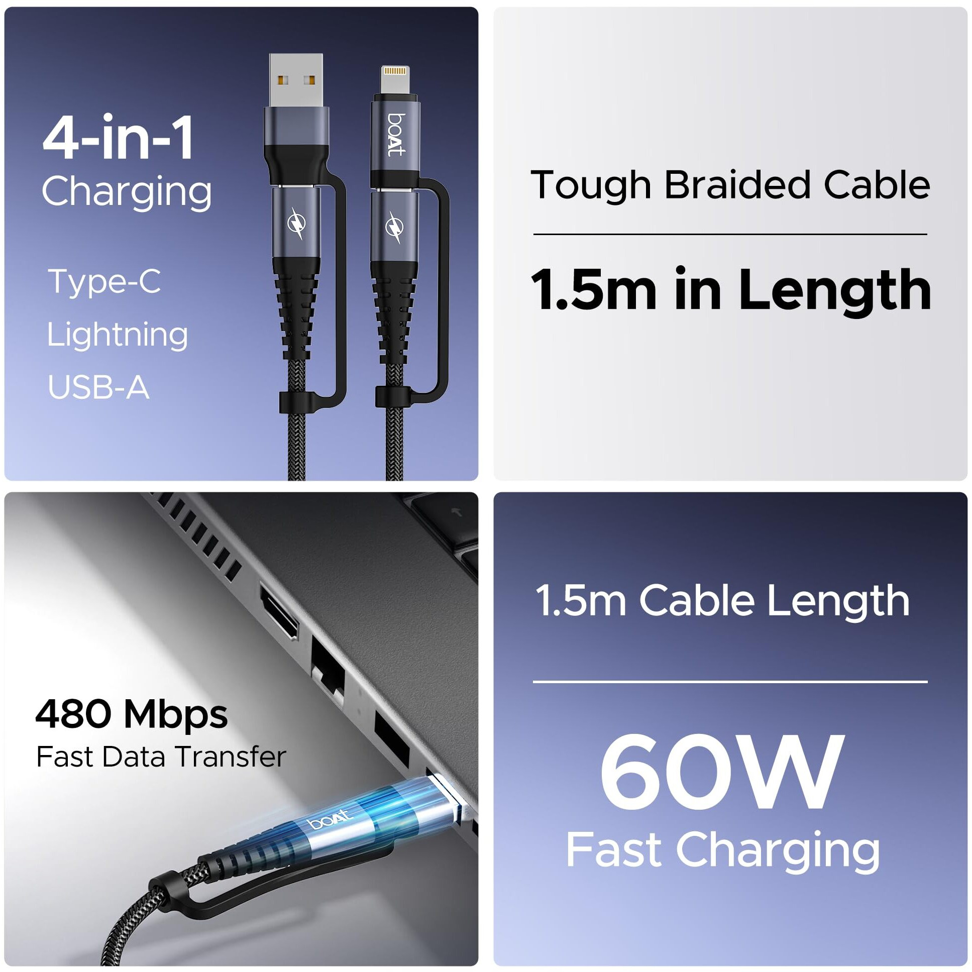 boAt FlexiCharge 400 Charging Cable w/ 4-in-1 Connectivity- USB-A, Type-C, & Lightning Ports, 60W/3A PD Fast Charging,480Mbps Data Sync,2 Swappable Heads,Silicon Cable Tie(Carbon Black)