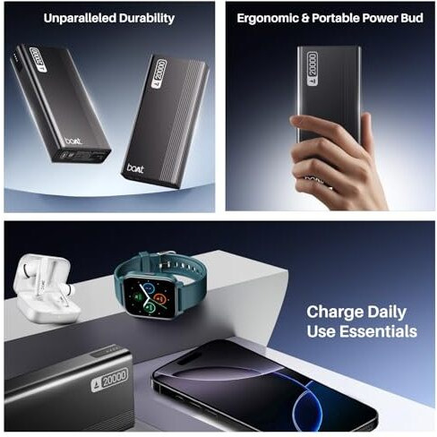 boAt Newly Launched Energyshroom PB401 20000mAh Power Bank| Micro USB and Type C (2-Way Input Ports), 22.5W, 3X Output Ports, Compatible with Tablets, Smartphones, Earbuds, Smartwatch (Carbon Black)
