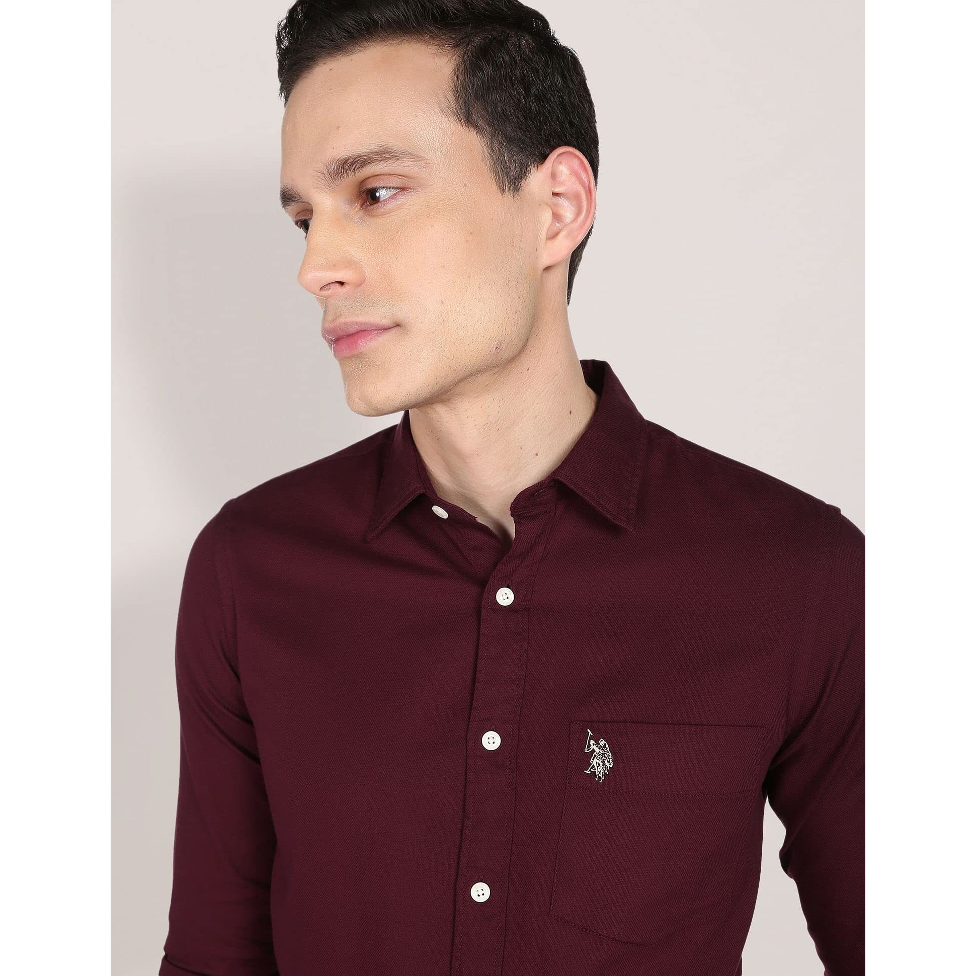 U.S. POLO ASSN. Mens Solid Dobby Fs Regular Fit Shirts (Usshtfx0005_Wine_L)