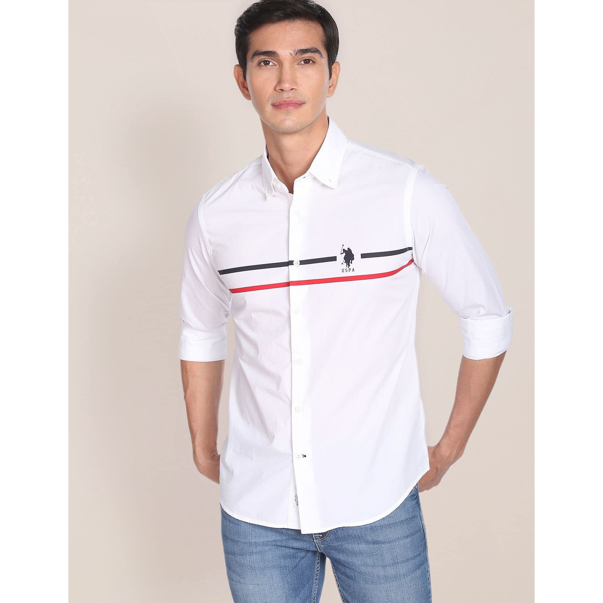 U.S. POLO ASSN. Men's Striped Regular Fit Shirt (USSHT-G44_White