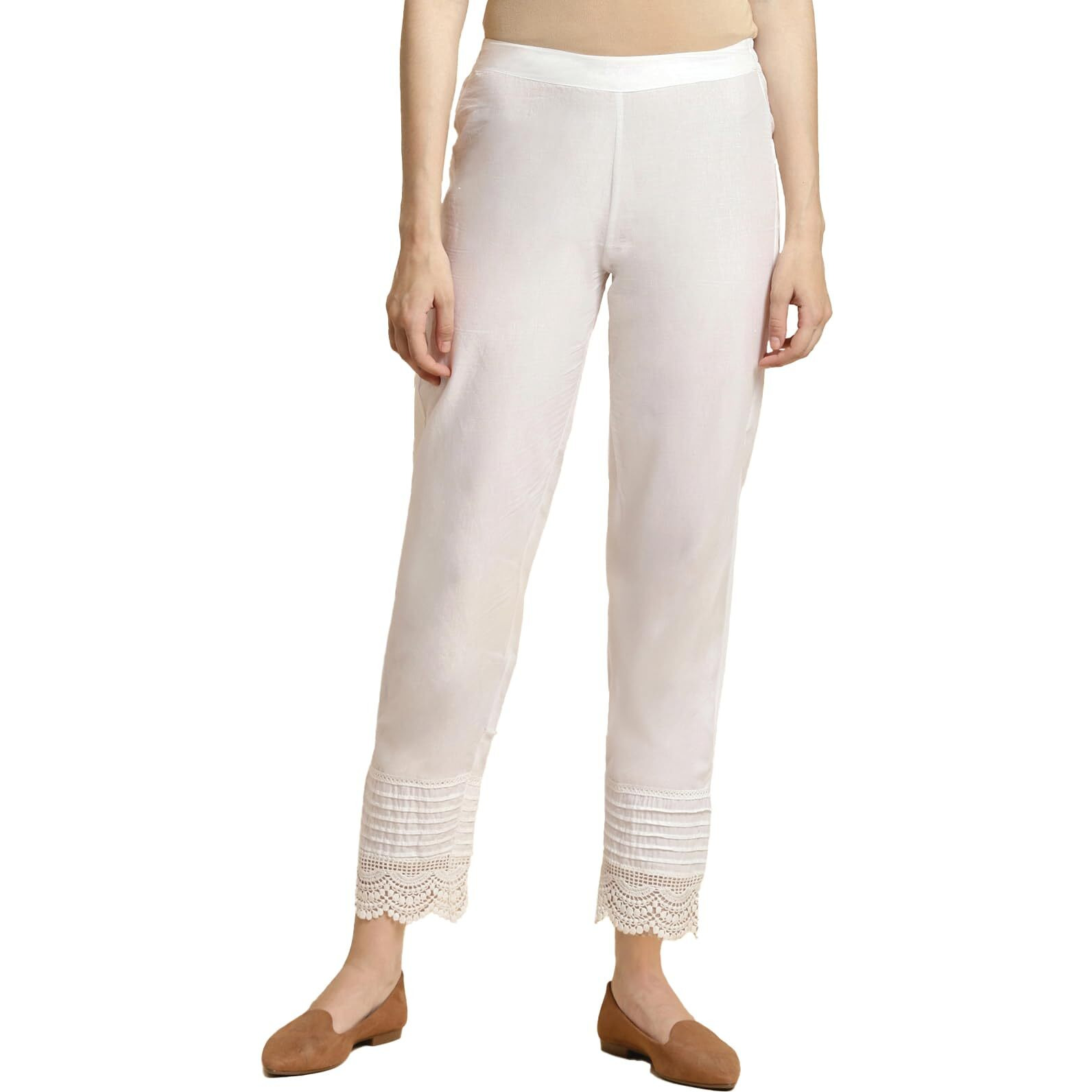 rangita Women 100% Cotton Off White Solid Calf Length Straight Pant, L