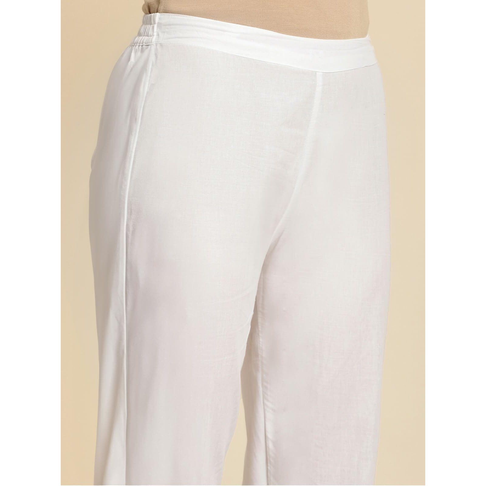 rangita Women 100% Cotton Off White Solid Calf Length Straight Pant, L