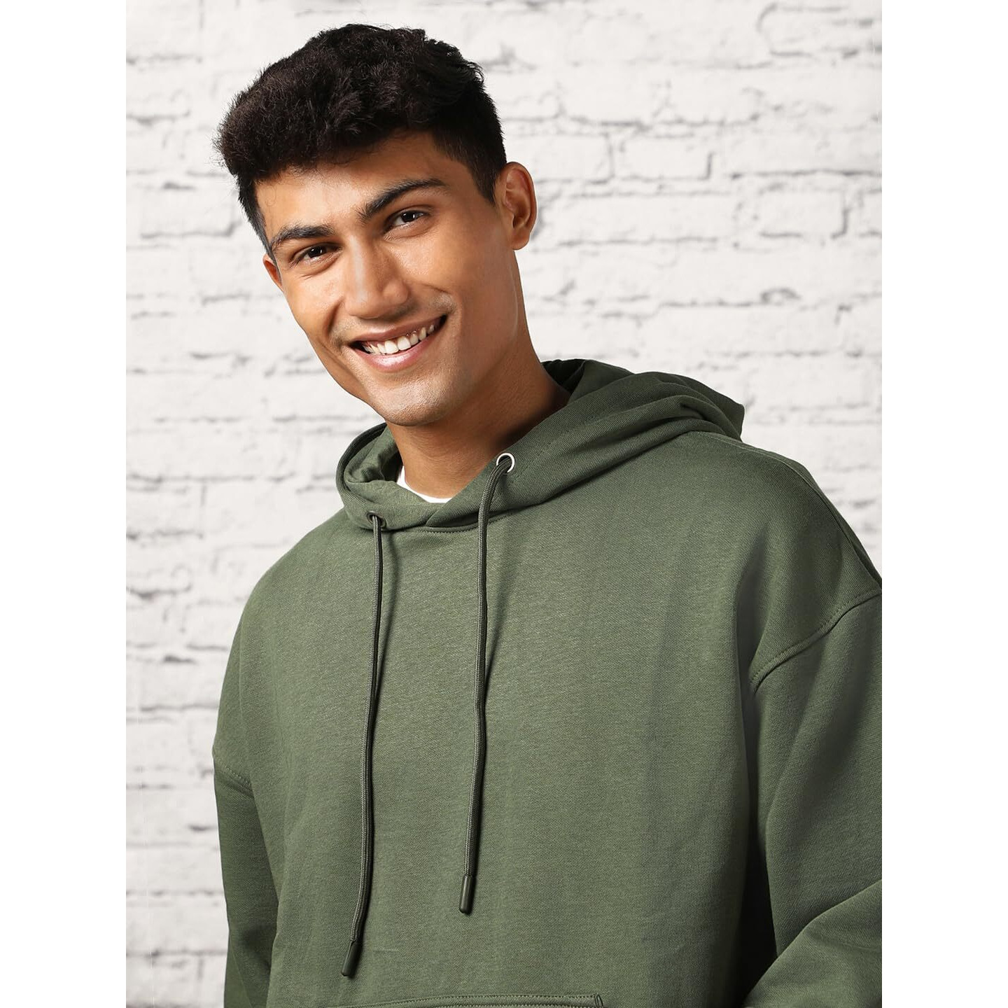 NOBERO Men's Cotton Blend Neck Hooded Oversized Fit Sweatshirt (1M-TWHO-R0041_Olive Green, X_Large)