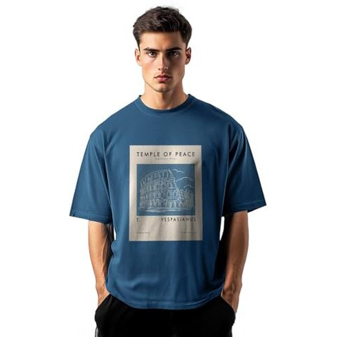 Nobero Men's Solid Oversized Fit T-Shirt (1M-TWRT-C0748_Marine XL) Blue