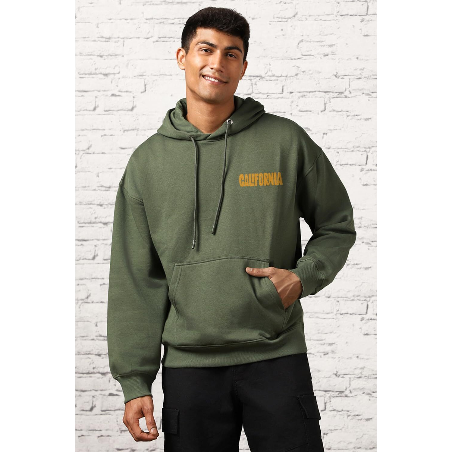 NOBERO Men's Cotton Neck Hooded Oversized Sweatshirt (1M-TWRH-C0737_Olive Green, X_Large)