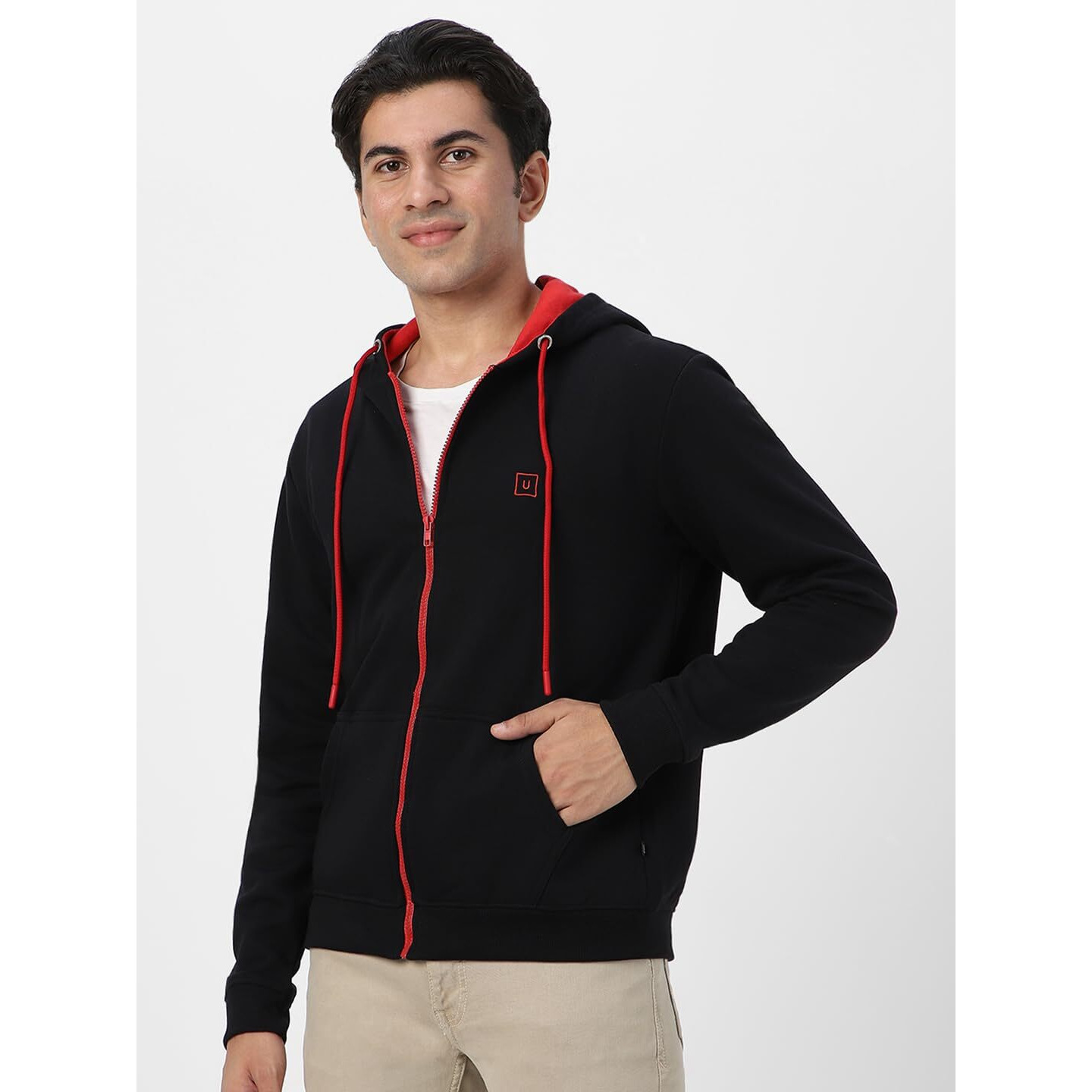 Urbano Fashion Men's Black, Red Cotton Zippered Hooded Sweatshirt (jakt-solconhd-BlackRed-XL)