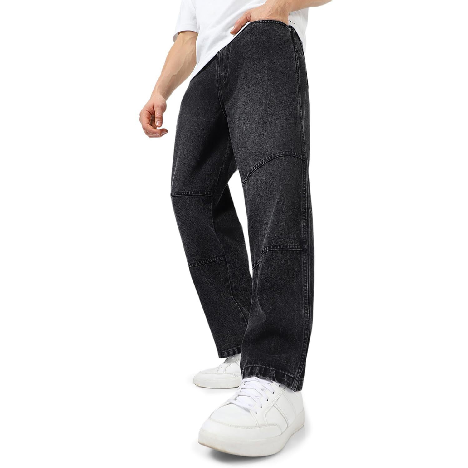 Urbano Fashion Men's Black Loose Baggy Fit Cut and Sew Panelled Jeans Non-Stretchable (jeanlosblcns-black-32)