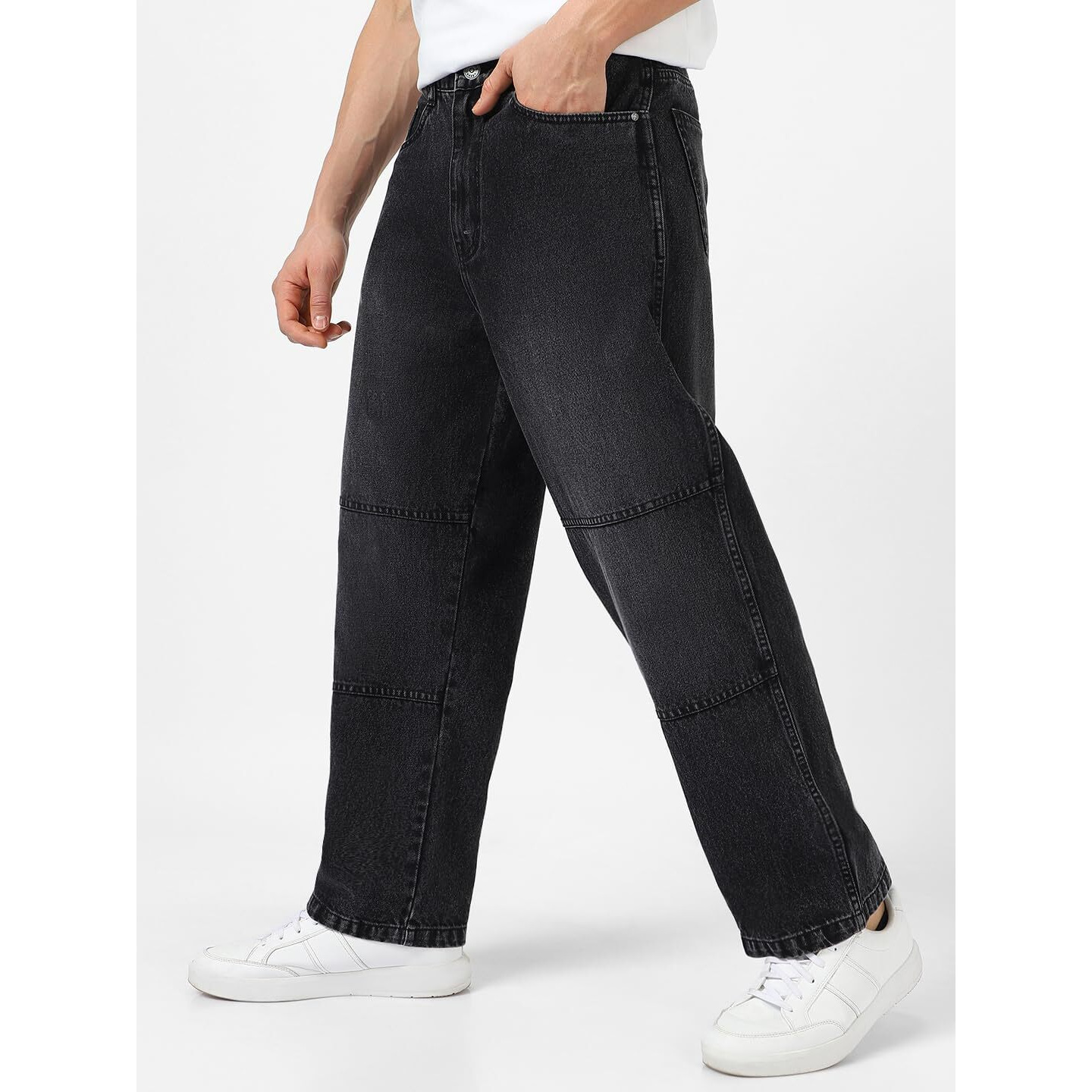 Urbano Fashion Men's Black Loose Baggy Fit Cut and Sew Panelled Jeans Non-Stretchable (jeanlosblcns-black-32)