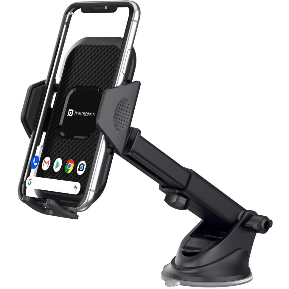 Portronics Clamp M Car Mobile Holder with 360 Rotational, Strong Suction Cup, One Click Release Button Compatible with 4 to 6 inch Devices(Black)