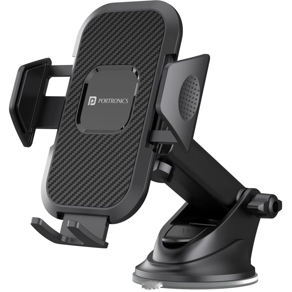 Portronics Clamp M Car Mobile Holder with 360 Rotational, Strong Suction Cup, One Click Release Button Compatible with 4 to 6 inch Devices(Black)
