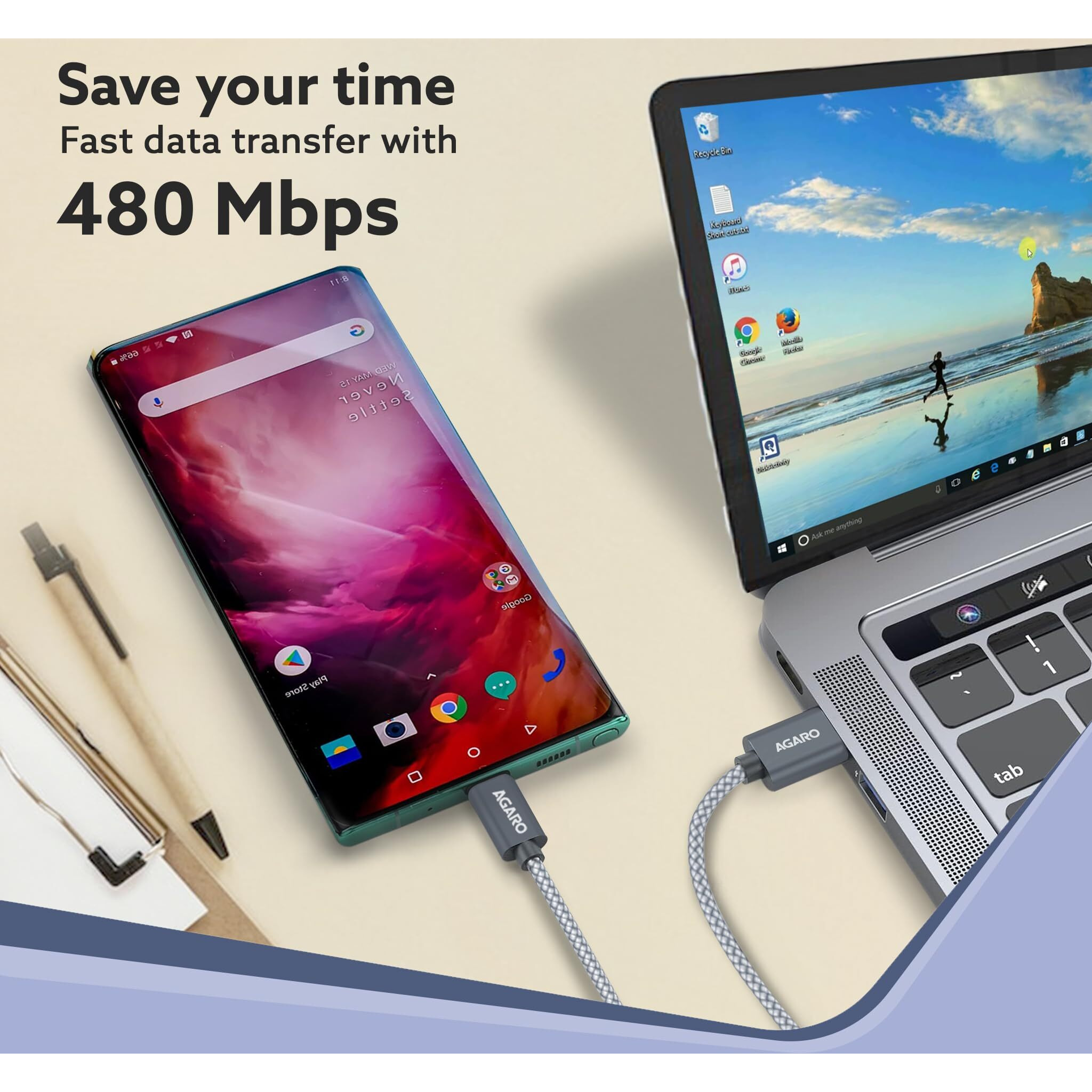 AGARO USB-A to Type C Cable, Unbreakable Braided Cable, 3A Fast Charging, Compatible with All Type C Devices Including Smartphones, Tablets etc, PD Technology, 1 M (3.2Ft), 480 Mbps Data Transmission