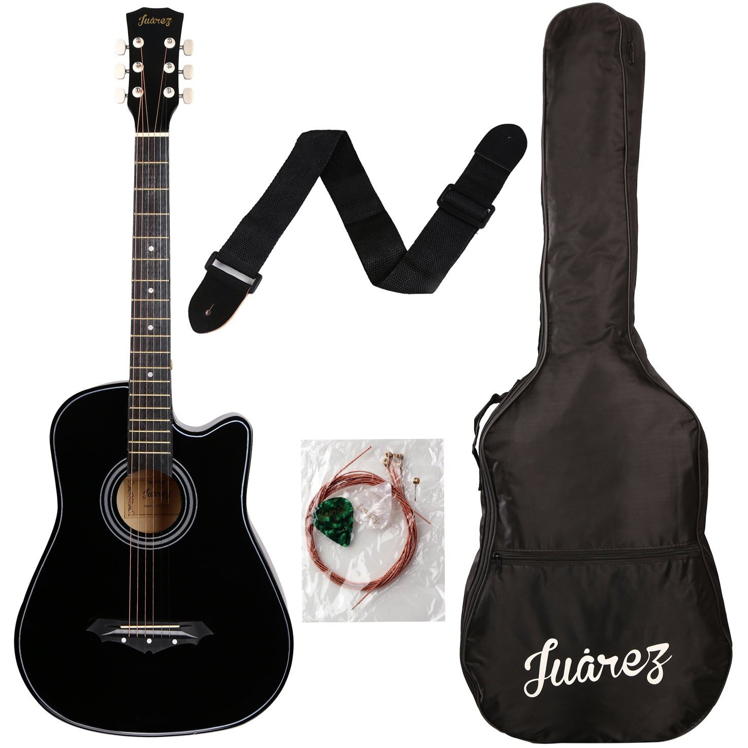 Jurez Acoustic Guitar Kit, 38 Inch Cutaway, 038C with Bag, Strings, Pick and Strap, Black