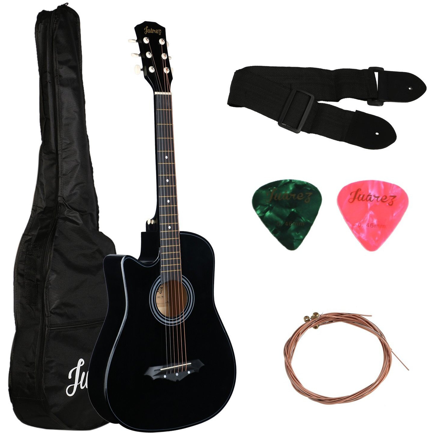 Juarez Acoustic Guitar, [ LEFT HANDED] 38 Inch Cutaway, 38CL/BK with Bag, Strings, Pick and Strap, Black