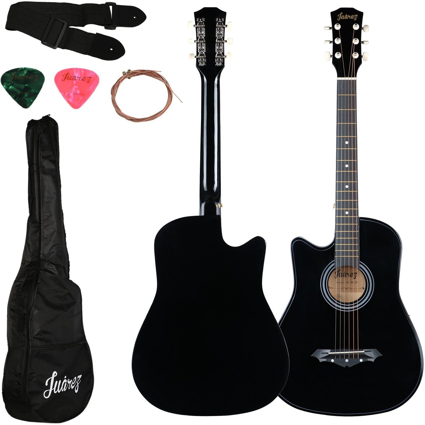 Juarez Acoustic Guitar, [ LEFT HANDED] 38 Inch Cutaway, 38CL/BK with Bag, Strings, Pick and Strap, Black