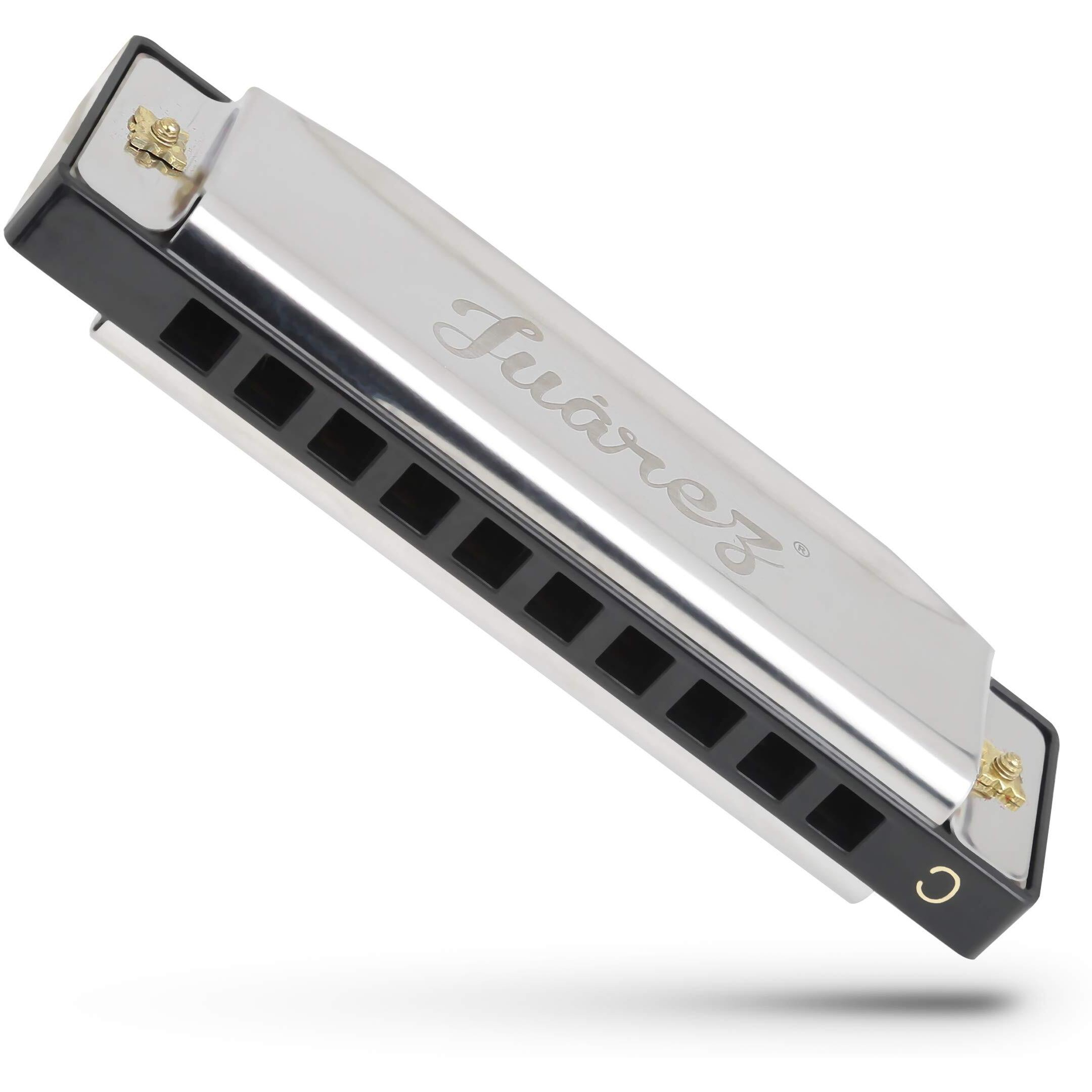 Juarez JRZ10HM Key C Diatonic Blues Harmonica 10 Hole 20 Tones with Case, Mouth Organ for Beginners, Students, Kids & Professionals, Silver