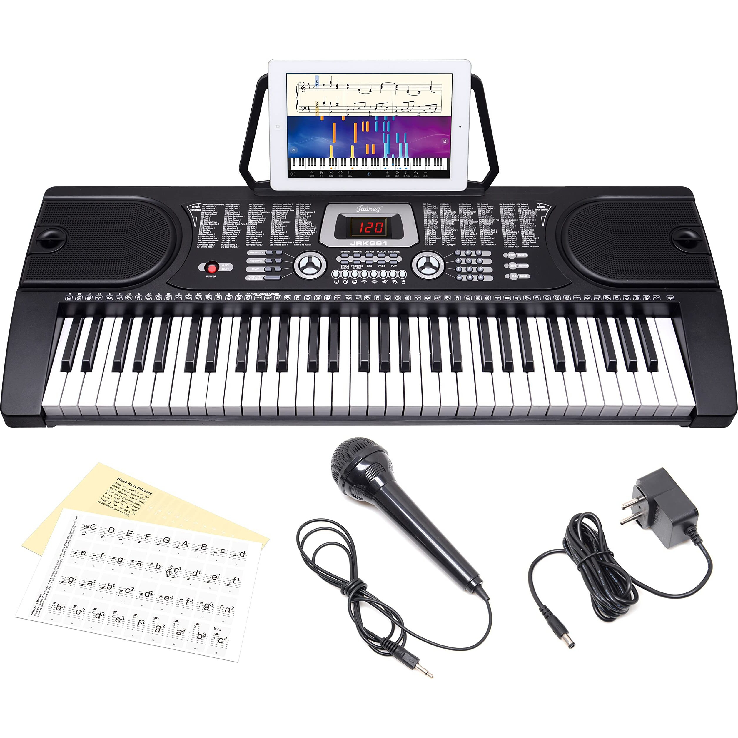JUAREZ Octav JRK661 61-Key Electronic Keyboard Piano with LED Display | Adapter | Key Note Stickers | Mic |Music Sheet Stand | 255 Rhythms | 255 Timbres | 24 Demos | 8 Percussions