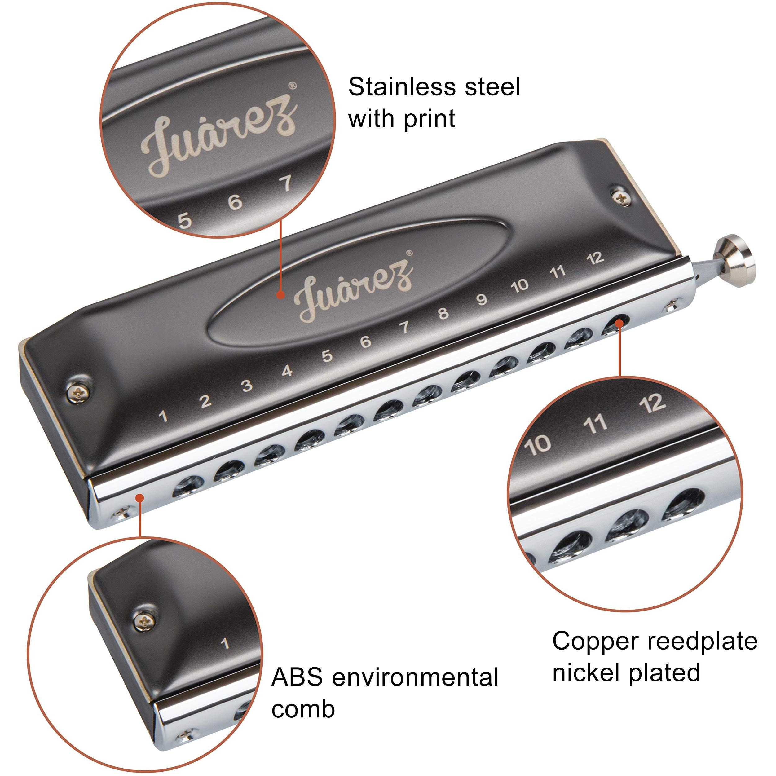 JUAREZ BlackBird JRH1248NV Professional Chromatic Harmonica Key of C Scale | 12 Holes 48 Tones | Mouth Organ | Cover - Stainless Steel | Comb - ABS | Reed - Phosphor Bronze with Cloth & Case