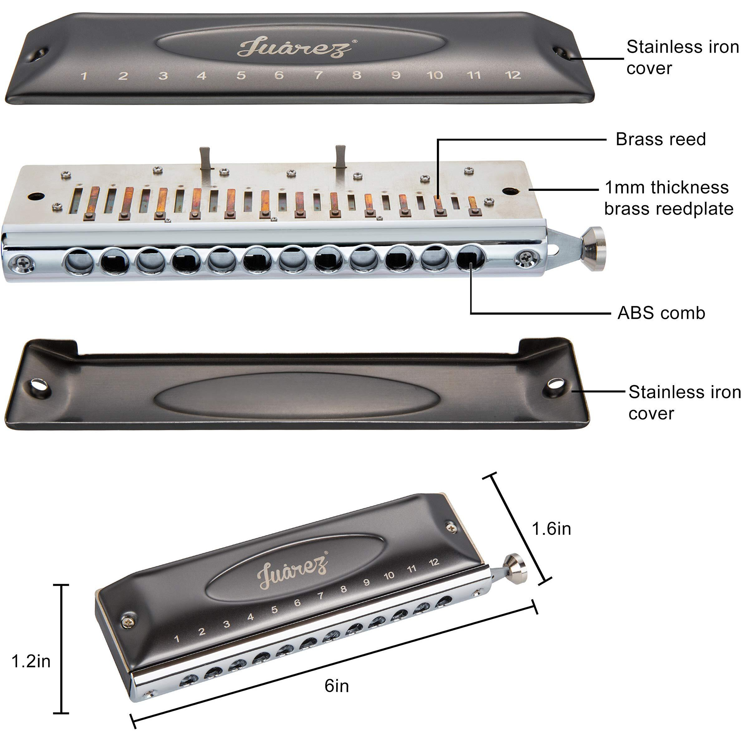 JUAREZ BlackBird JRH1248NV Professional Chromatic Harmonica Key of C Scale | 12 Holes 48 Tones | Mouth Organ | Cover - Stainless Steel | Comb - ABS | Reed - Phosphor Bronze with Cloth & Case