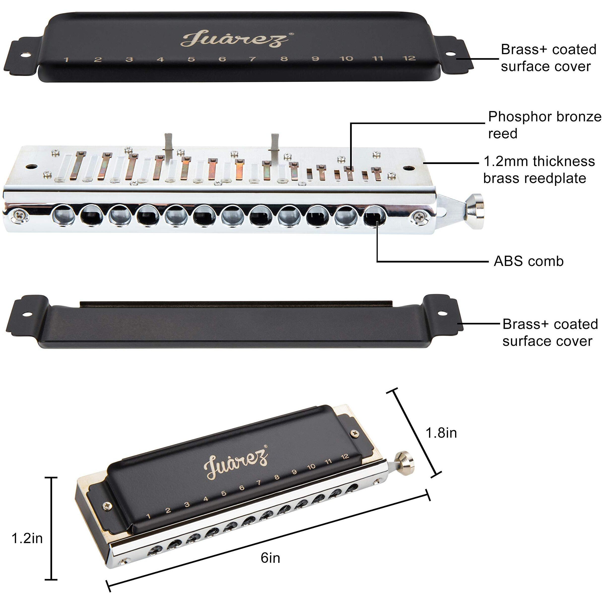 JUAREZ BlackBird JRH1248K Professional Chromatic Harmonica Key of C Scale | 12 Holes 48 Tones | Mouth Organ | Cover - Chrome-Plated Copper Board | Comb - ABS | Reed - Phosphor Bronze with Cloth