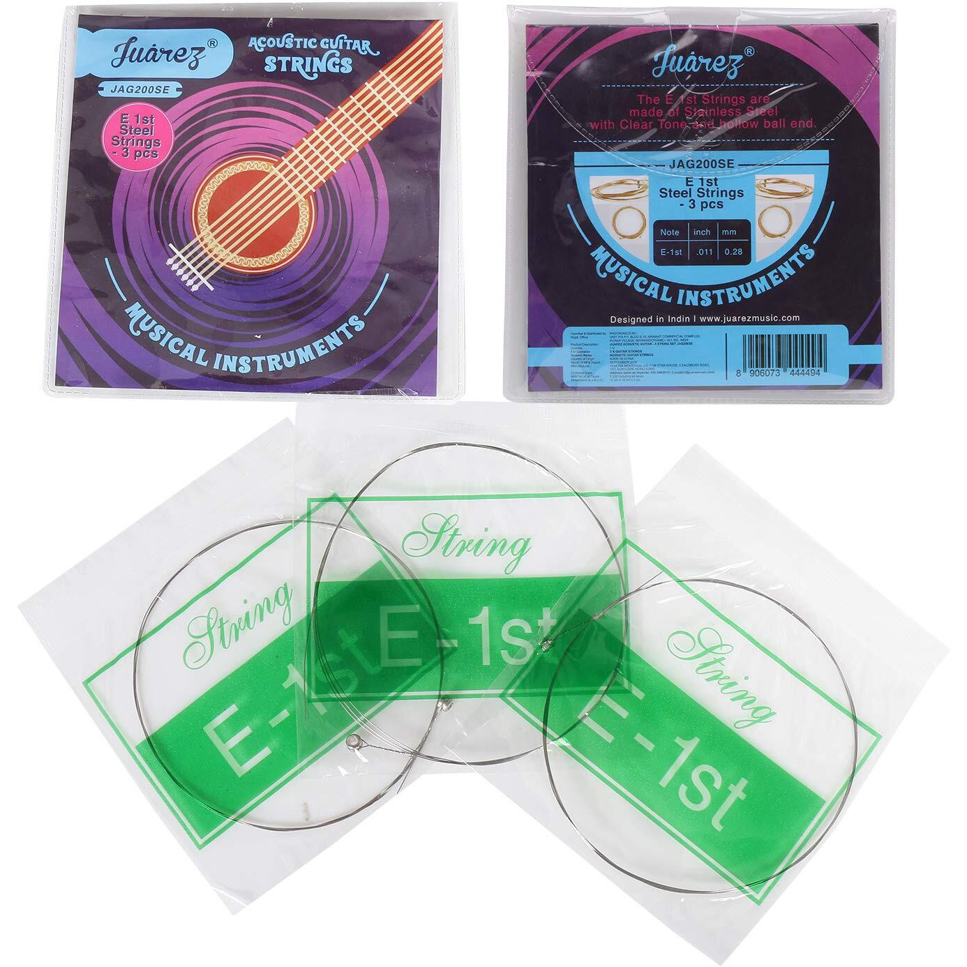 Juarez E 1st x 3 pc Acoustic Guitar Stainless Steel Strings Set, Clear Tone, Hollow Ball End