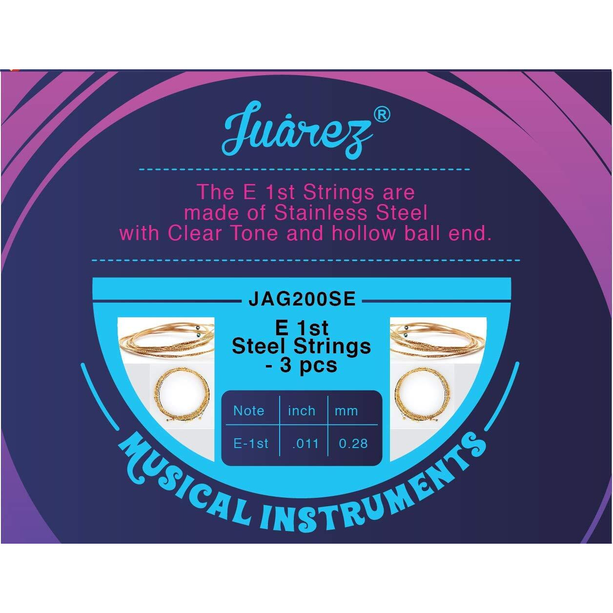 Juarez E 1st x 3 pc Acoustic Guitar Stainless Steel Strings Set, Clear Tone, Hollow Ball End