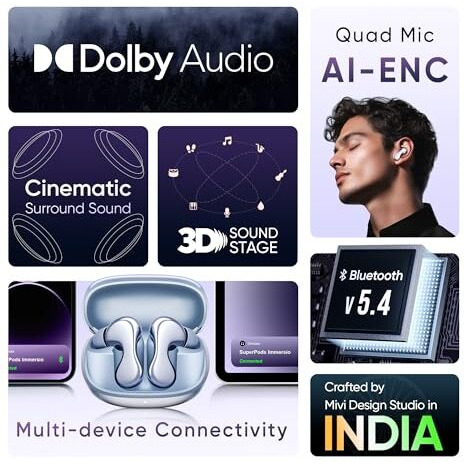 Mivi SuperPods Immersio [Just launched], True Wireless Earbuds, Dolby Audio, 3D Soundstage, 60H Playtime, AI ENC, BT v5.4 Earbuds