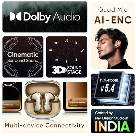 Mivi SuperPods Immersio [Just launched], True Wireless Earbuds, Dolby Audio, 3D Soundstage, 60H Playtime, AI ENC, BT v5.4 Earbuds
