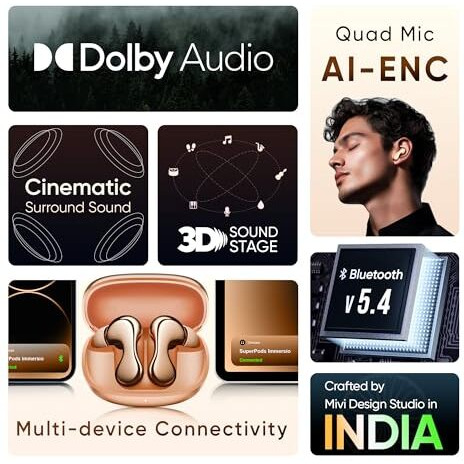 Mivi SuperPods Immersio [Just launched], True Wireless Earbuds, Dolby Audio, 3D Soundstage, 60H Playtime, AI ENC, BT v5.4 Earbuds