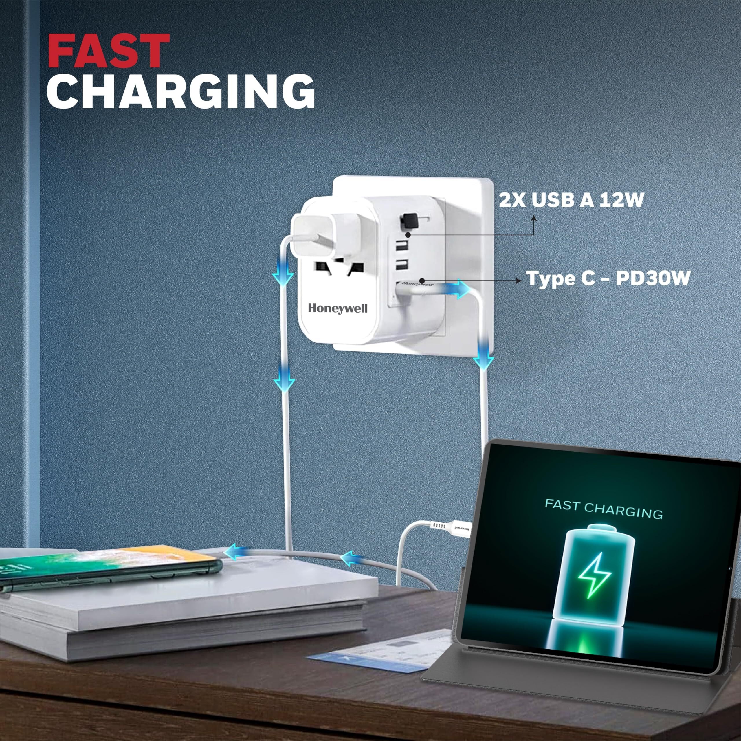 Honeywell Universal World Travel Adapter with 2xUSB Ports,1xTypeC PD30W Port,4-in-1 Worldwide Wall Charger for EU,US,UK & CN, Perfect for Laptop,Cell Phones, Cameras, 3 Years Manufacturer Warranty