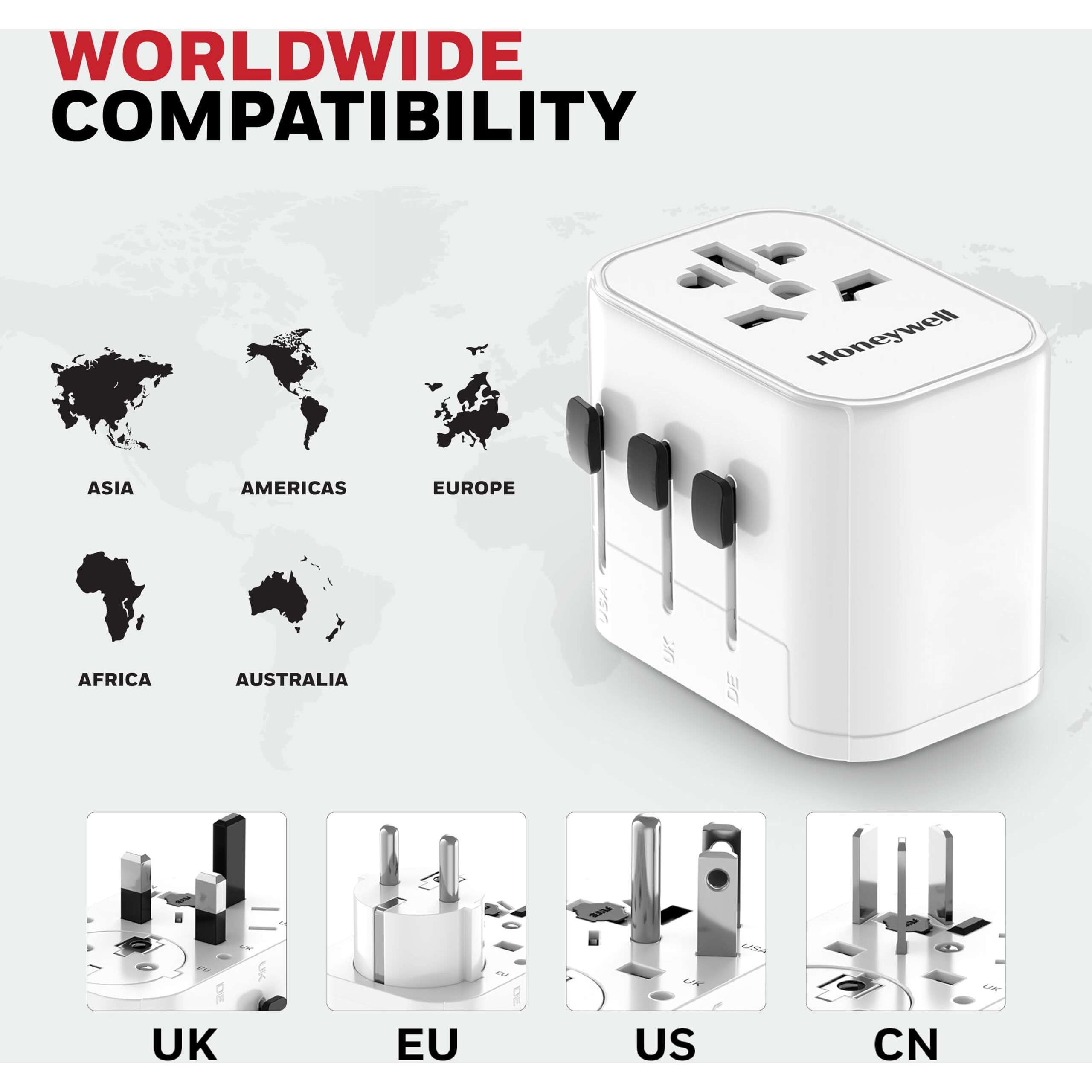 Honeywell Universal World Travel Adapter with 2xUSB Ports,1xTypeC PD30W Port,4-in-1 Worldwide Wall Charger for EU,US,UK & CN, Perfect for Laptop,Cell Phones, Cameras, 3 Years Manufacturer Warranty