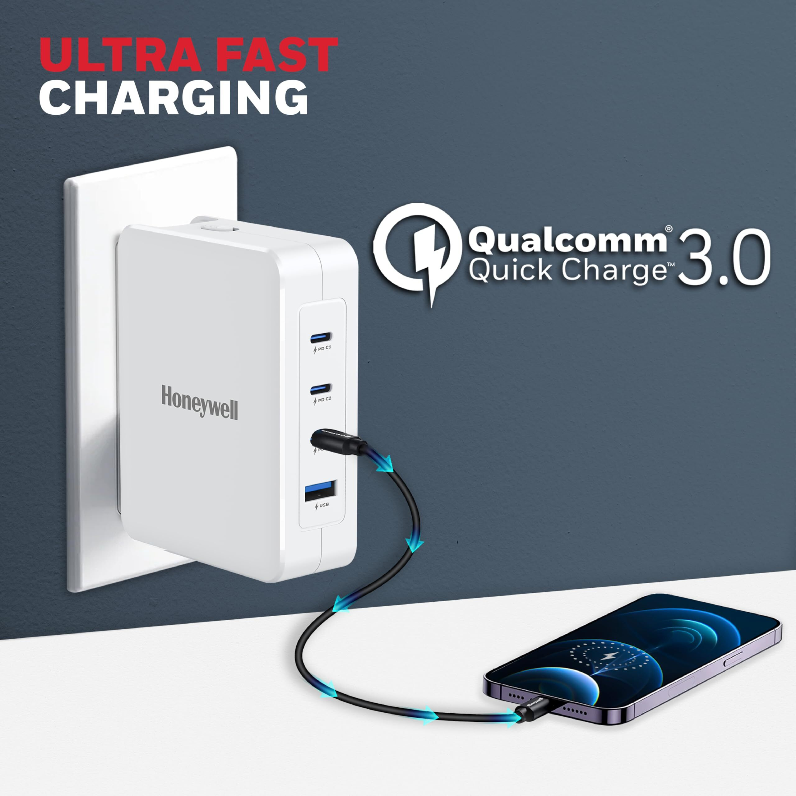 Honeywell Zest Charger GaN 100W,Ultra-Fast Wall Charger with PPS Support,3xType C PD 3.0 Ports & 1xUSB A Port,BIS Certified,Equipped with Switchable Plugs,Compatible with iPhone,Galaxy,Laptops