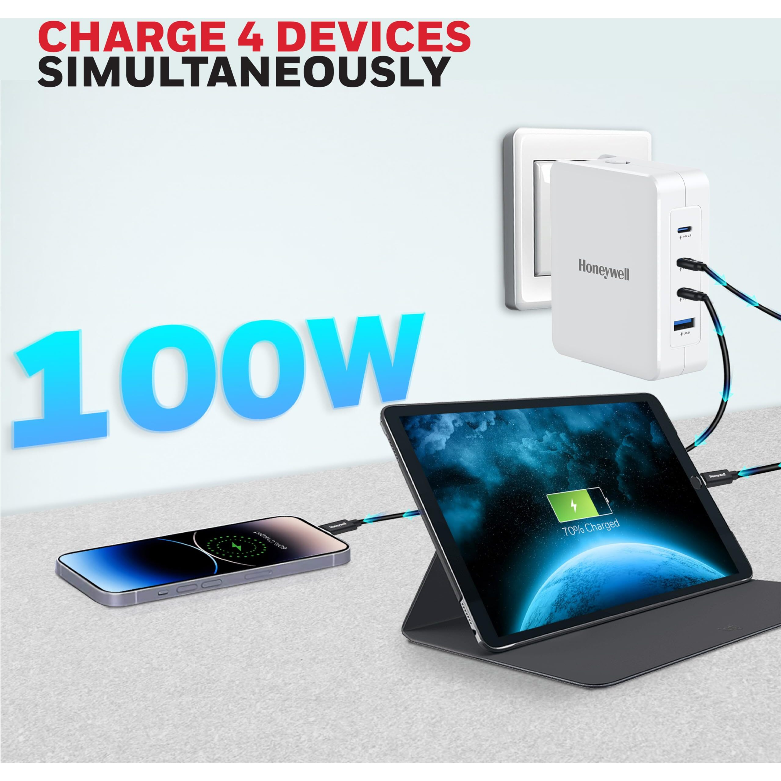 Honeywell Zest Charger GaN 100W,Ultra-Fast Wall Charger with PPS Support,3xType C PD 3.0 Ports & 1xUSB A Port,BIS Certified,Equipped with Switchable Plugs,Compatible with iPhone,Galaxy,Laptops