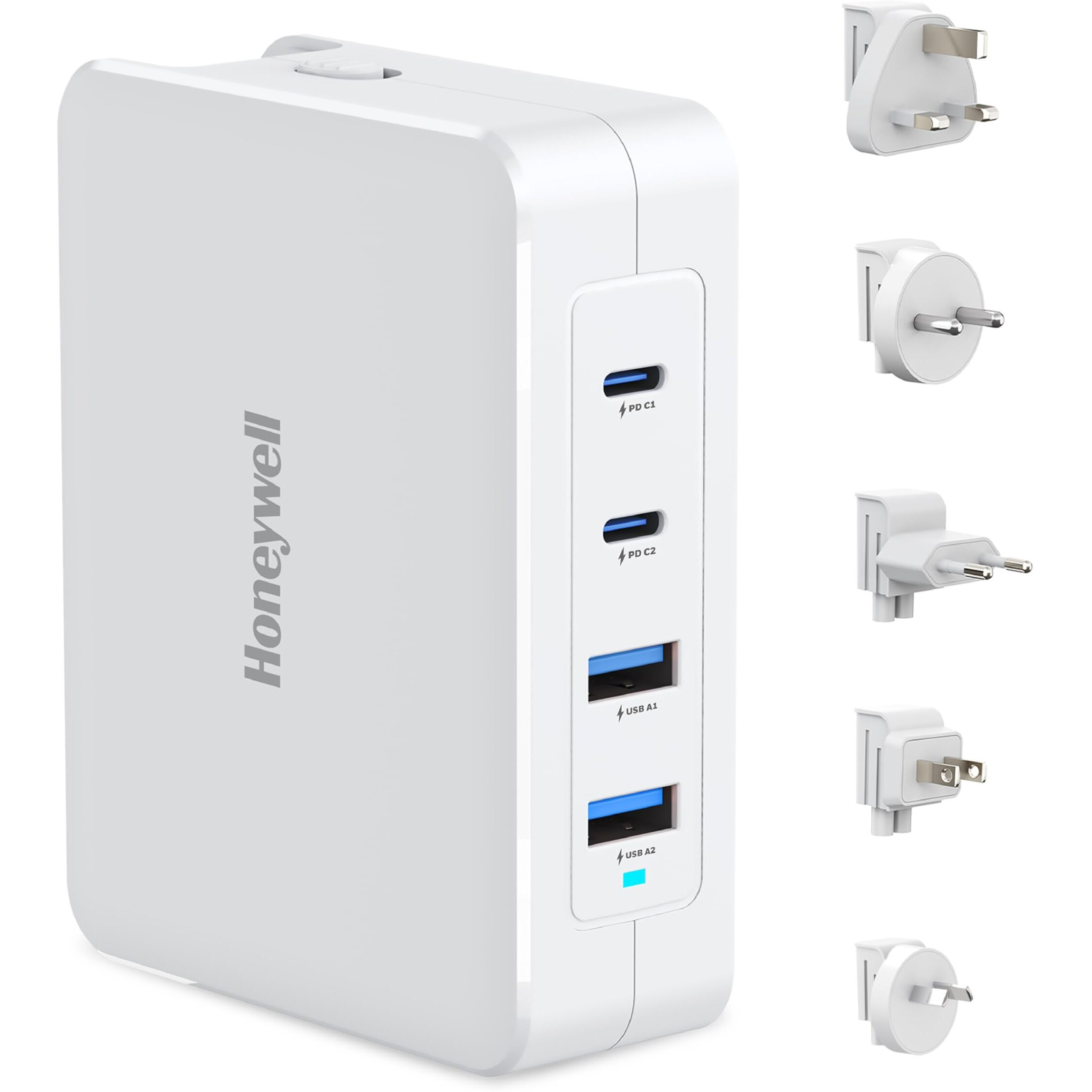 Honeywell Zest Charger GaN 140W,Ultra-Fast Wall Charger with PPS Support,2xType C PD 3.0 Ports & 2xUSB A Port,BIS Certified,Equipped with Switchable Plugs,Compatible with iPhone,Galaxy,Laptops