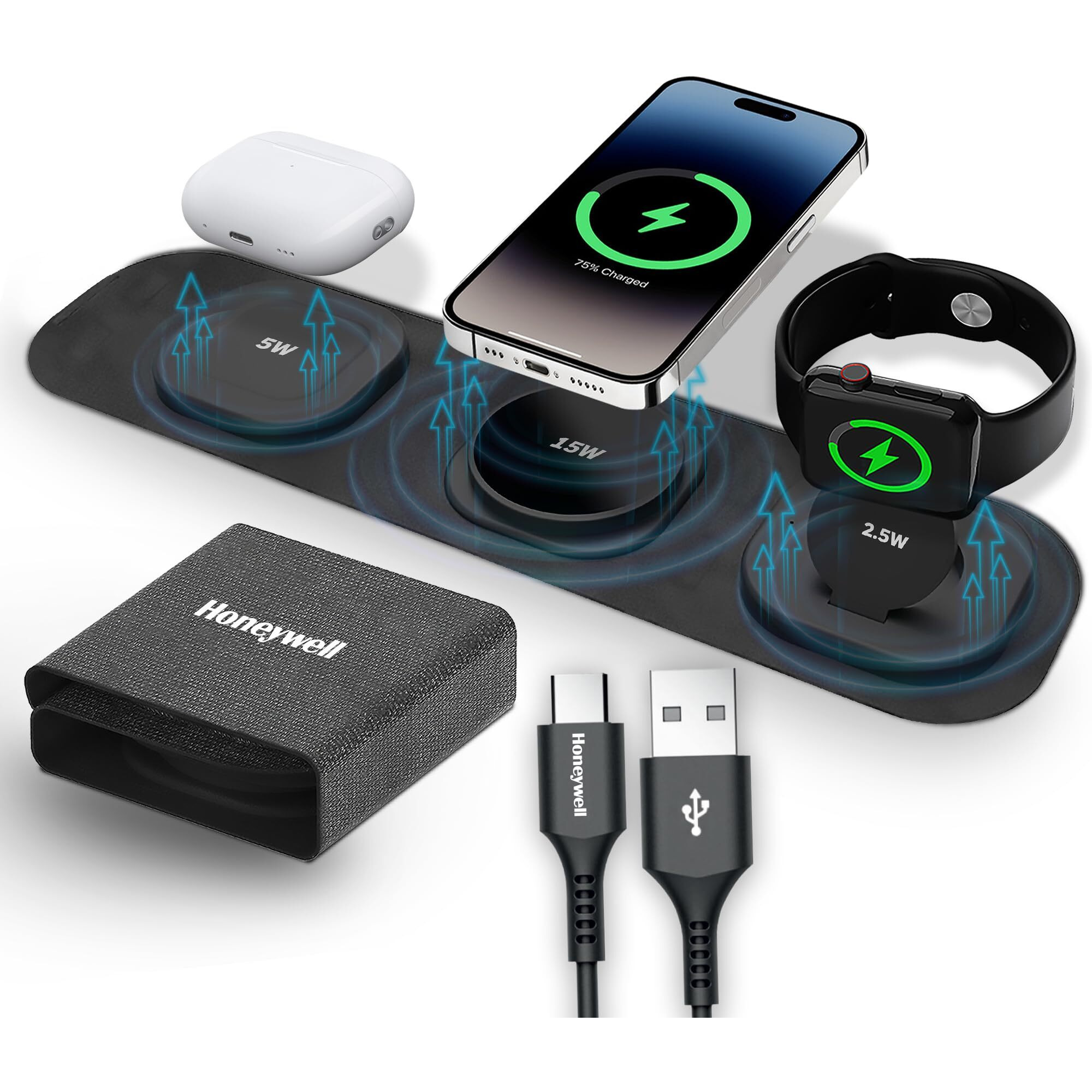 Honeywell Zest Wireless 3-in-1 Magnetic Foldable MagSafe Compatible 23W Wireless Charger for iPhone 12-15, Supports QC 3.0, All Apple Watch Series, Airpods 2,3, pro, Ultra-Fast Charging up to 23W