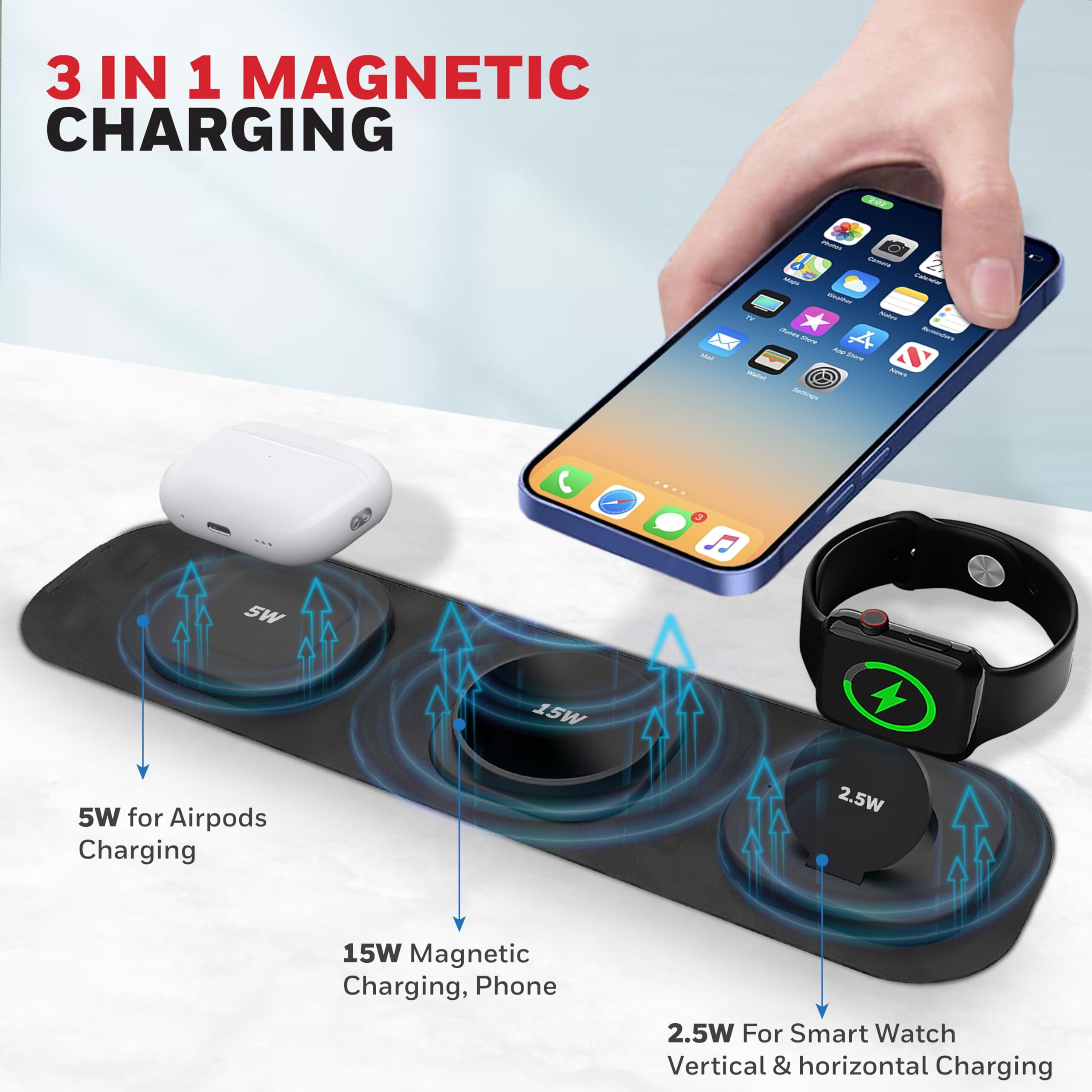 Honeywell Zest Wireless 3-in-1 Magnetic Foldable MagSafe Compatible 23W Wireless Charger for iPhone 12-15, Supports QC 3.0, All Apple Watch Series, Airpods 2,3, pro, Ultra-Fast Charging up to 23W