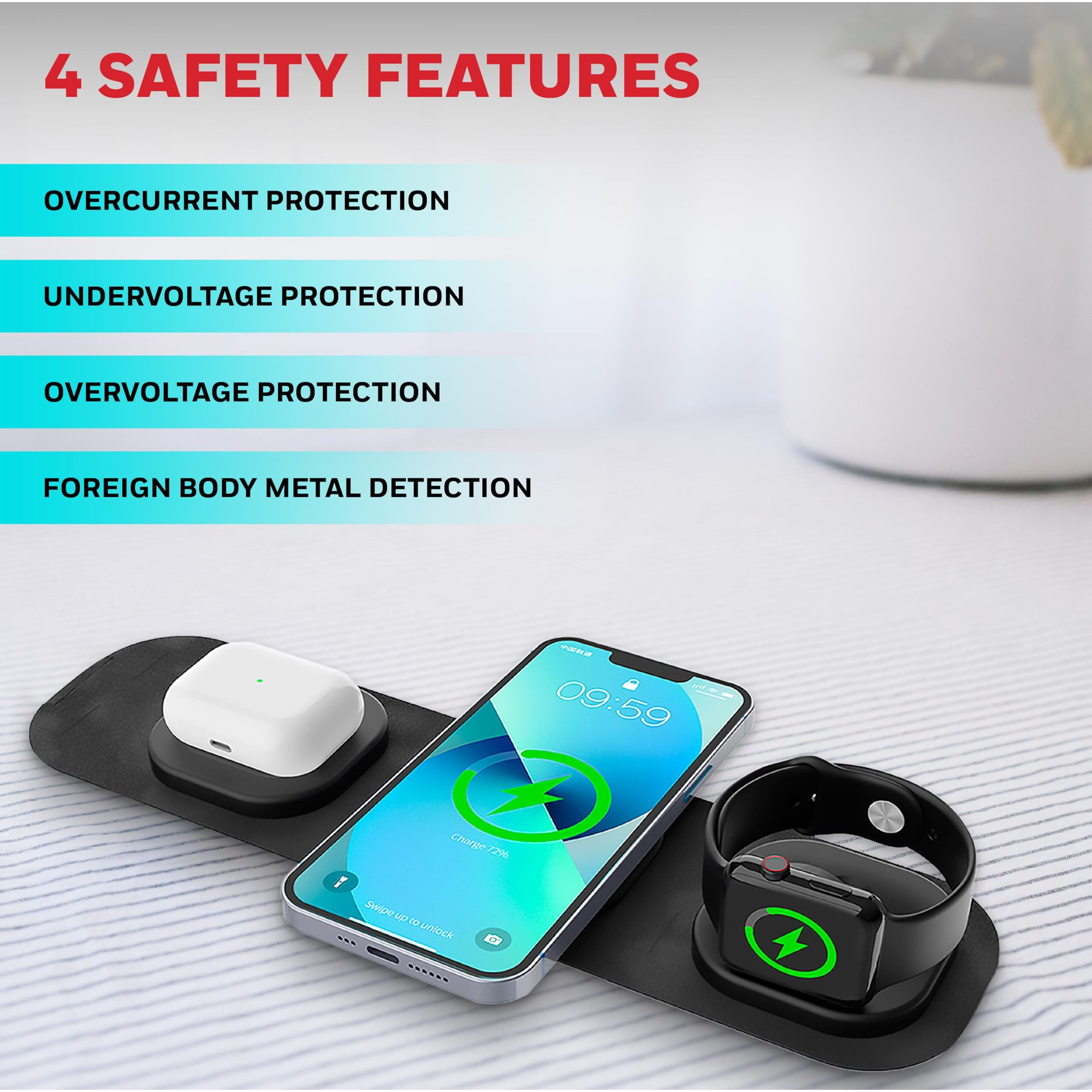 Honeywell Zest Wireless 3-in-1 Magnetic Foldable MagSafe Compatible 23W Wireless Charger for iPhone 12-15, Supports QC 3.0, All Apple Watch Series, Airpods 2,3, pro, Ultra-Fast Charging up to 23W