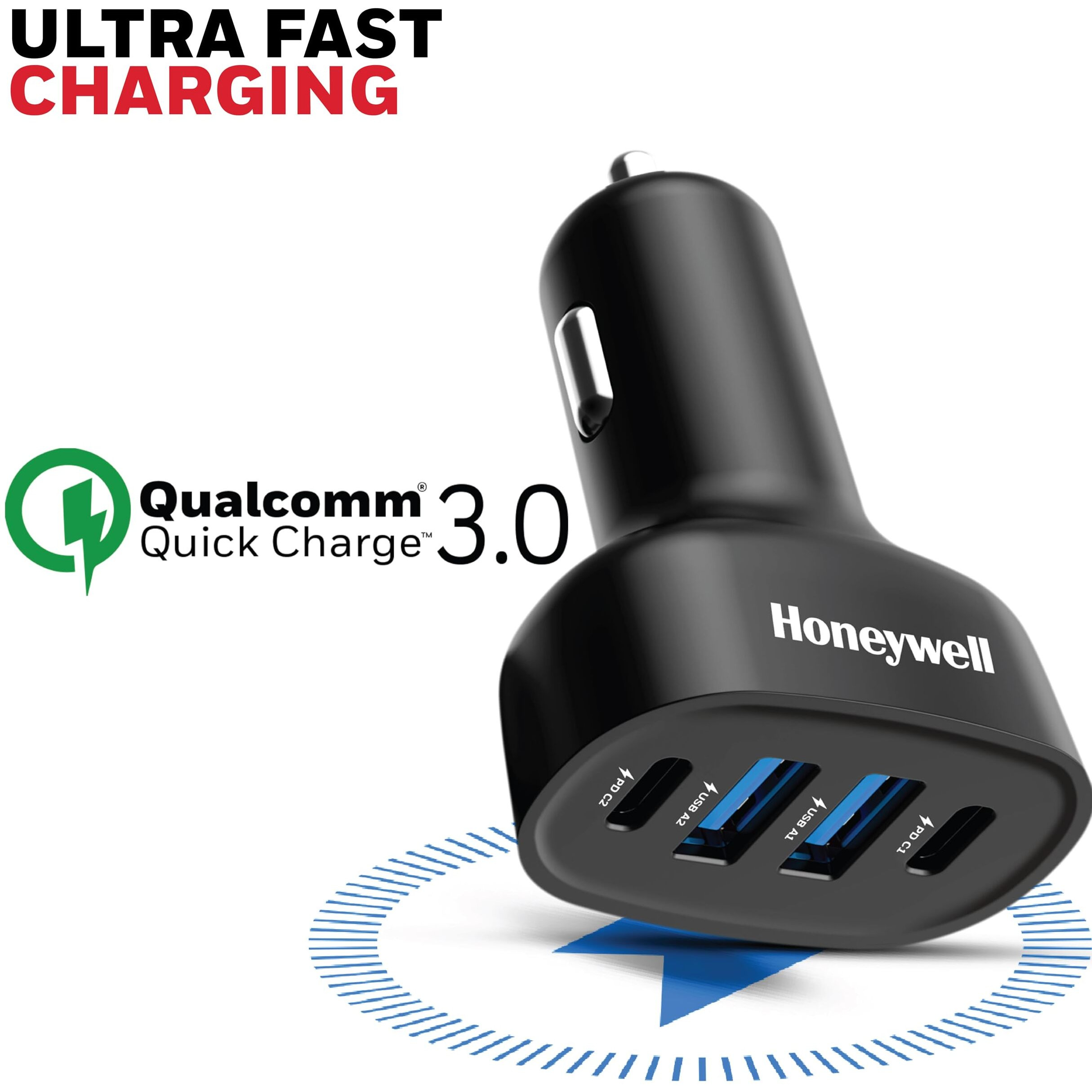 Honeywell Newly Launched Micro CLA 100W PD Smart Car Charger, 2xType C & 2xUSB A Port, Ultra-Fast Charging, Compatible with All Smartphone and Apple Devices (iPhone X and Above variants)