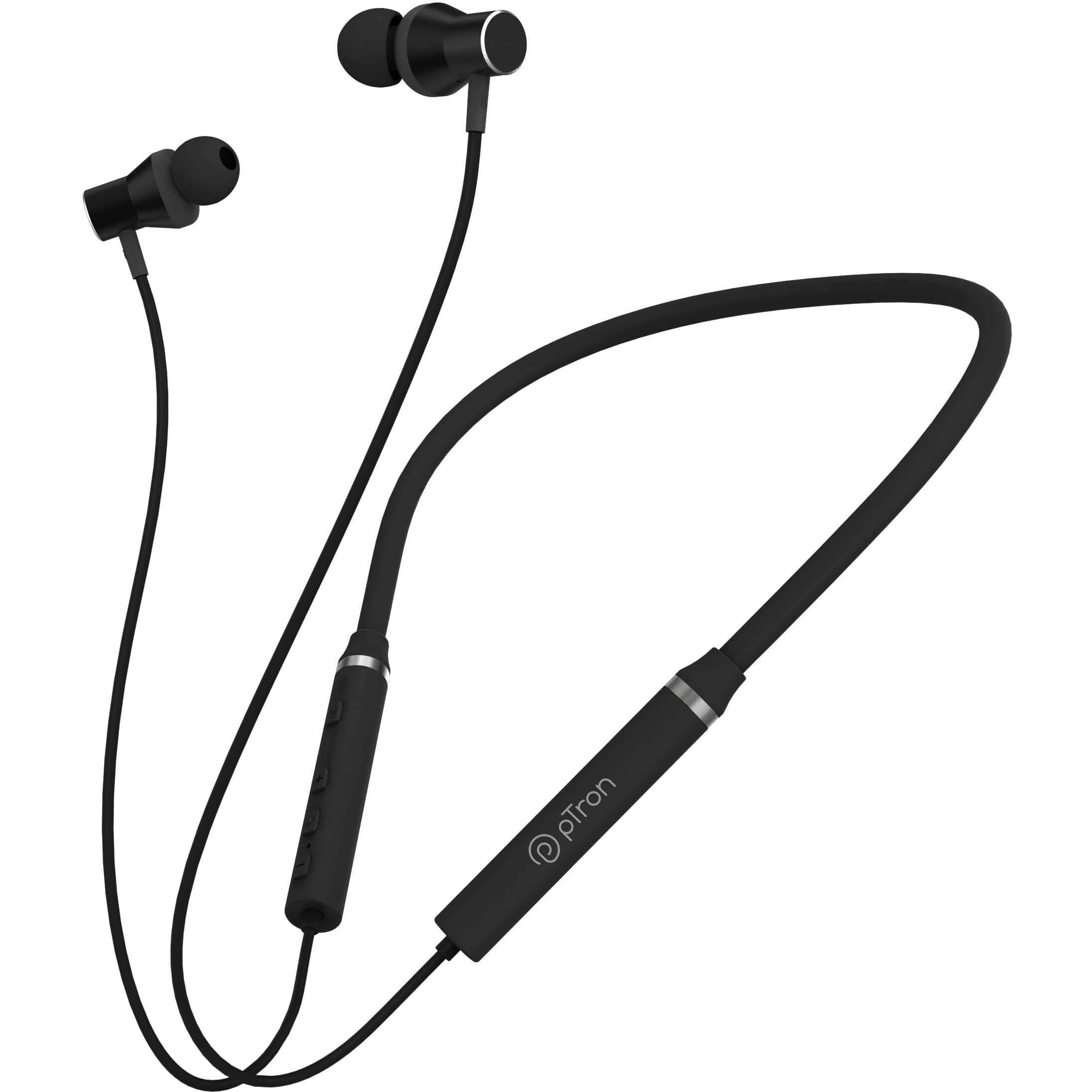 pTron Tangentbeat in-Ear Bluetooth 5.0 Wireless Headphones with Mic, Deep Bass, 10mm Drivers, Clear Calls, Dual Pairing, Fast Charging, Magnetic Buds, Voice Assistant & IPX4 Wireless Neckband (Black