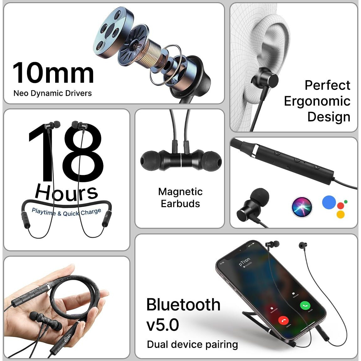 pTron Tangentbeat in-Ear Bluetooth 5.0 Wireless Headphones with Mic, Deep Bass, 10mm Drivers, Clear Calls, Dual Pairing, Fast Charging, Magnetic Buds, Voice Assistant & IPX4 Wireless Neckband (Black