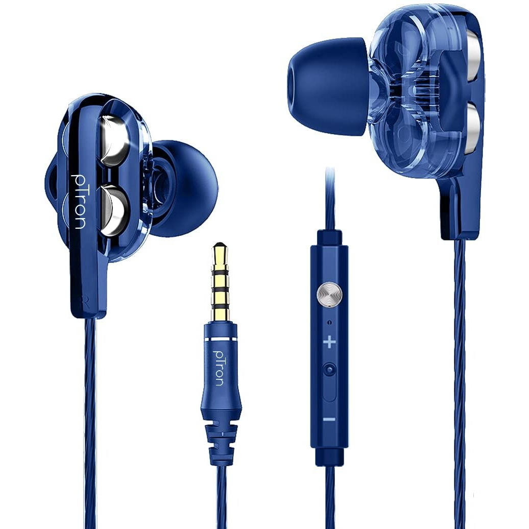 PTron Boom Ultima 4D Dual Driver, in-Ear Gaming Wired Headphones with in-line Mic, Volume Control & Passive Noise Cancelling Boom 3 Earphones - (Dark Blue)