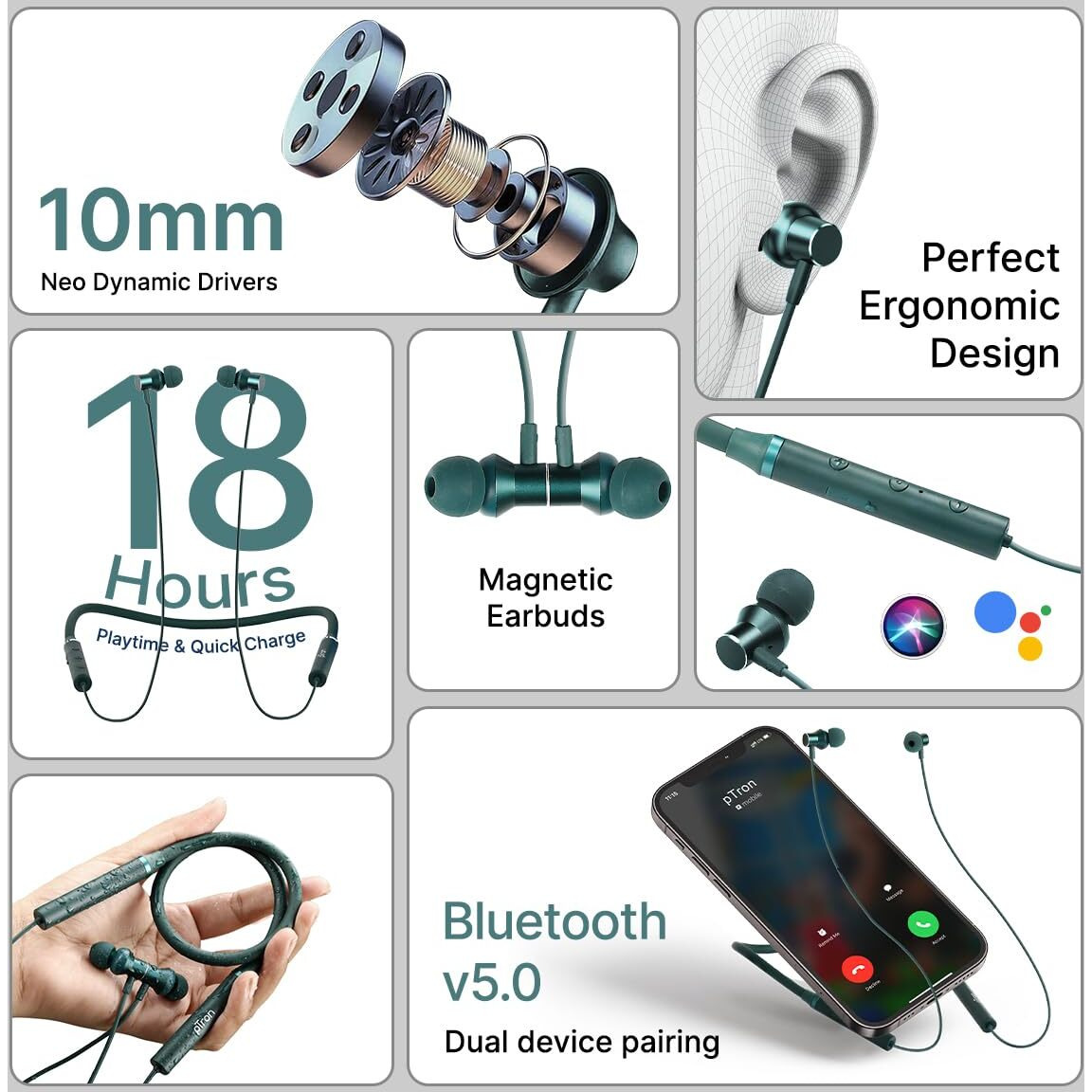 pTron Tangentbeat in-Ear Bluetooth Wireless Headphones with Mic, Punchy Bass, 10mm Drivers, Clear Calls, Dual Pairing, Fast Charging, Magnetic Buds, Voice Assist. & IPX4 Wireless Neckband (Dark Green)