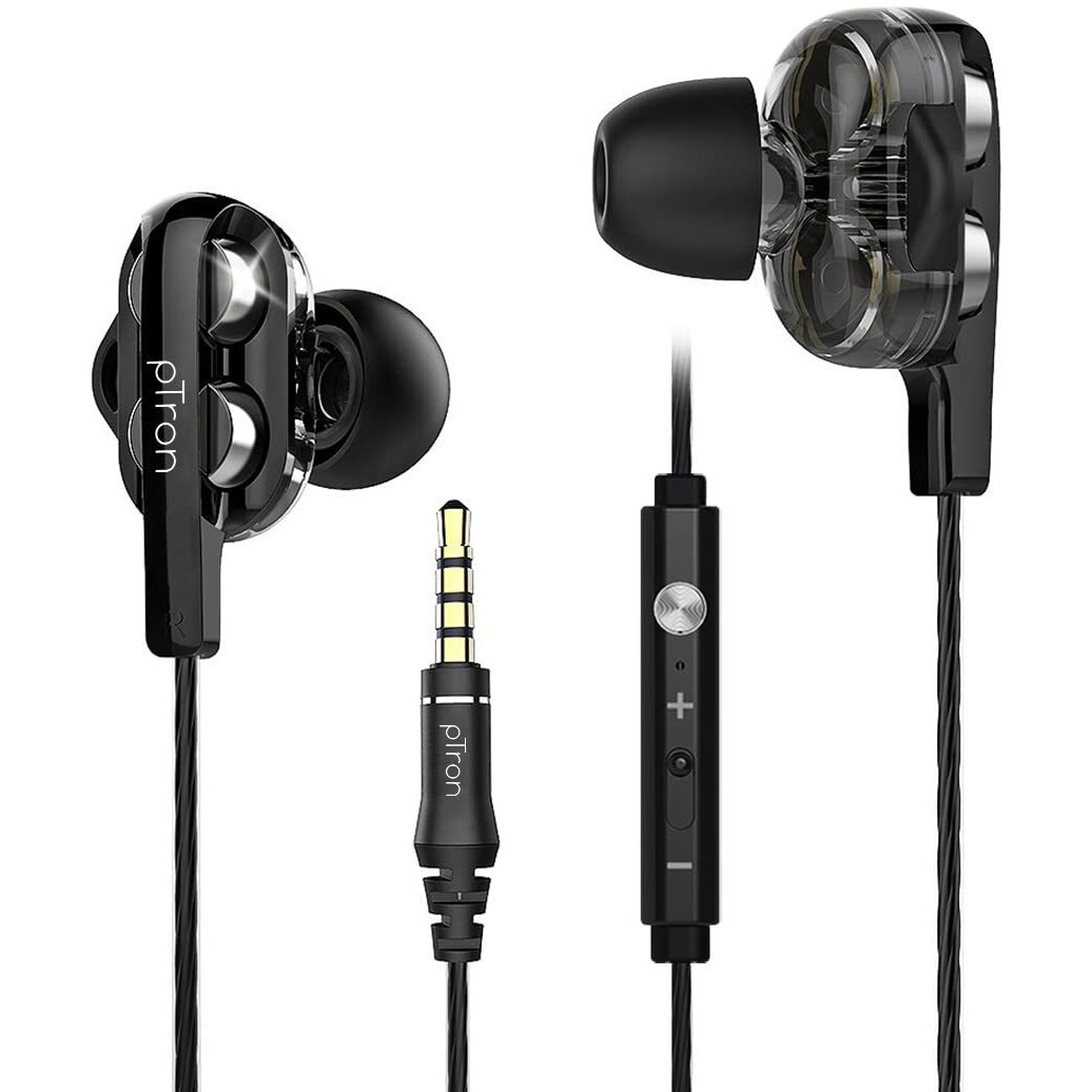 pTron Boom Ultima V2 Dual Driver, in Ear Gaming Wired Earphones with Mic, Volume Control, Passive Noise Cancelling Boom 3 with 3.5mm Audio Jack & 1.2M Tangle-Free Cable (Black)