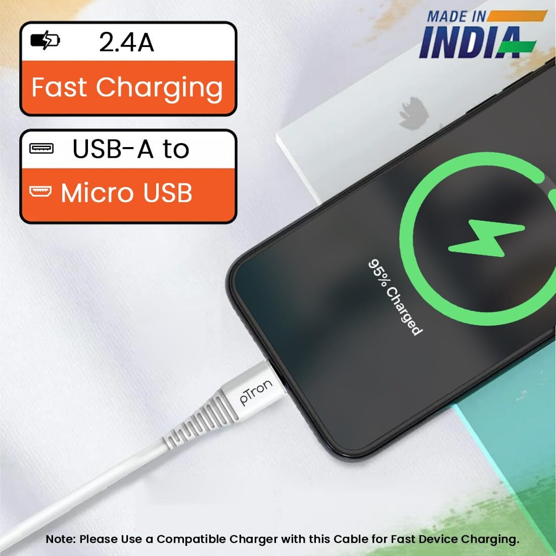 pTron USB-A to Micro USB 2.4A Fast Charging Cable compatible with Android Phones/Tablets, 480mbps Data Transfer Speed, Made in India, Solero M241 Tangle-free USB Cable (Round, 1M, White)