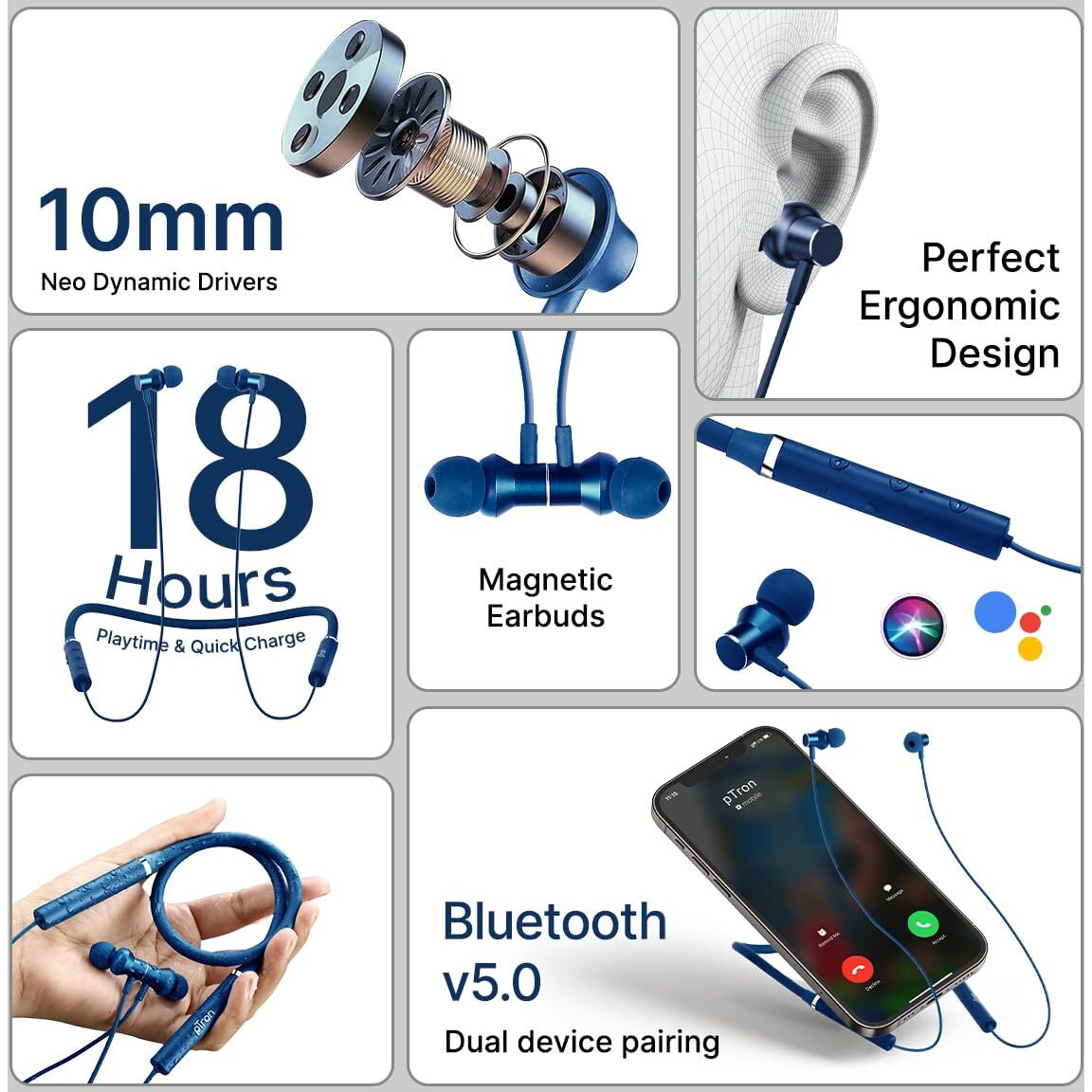 pTron Tangentbeat in-Ear Bluetooth Wireless Headphones with Mic, Punchy Bass, 10mm Drivers, Clear Calls, Dual Pairing, Fast Charging, Magnetic Buds, Voice Assist & IPX4 Wireless Neckband (Dark Blue)