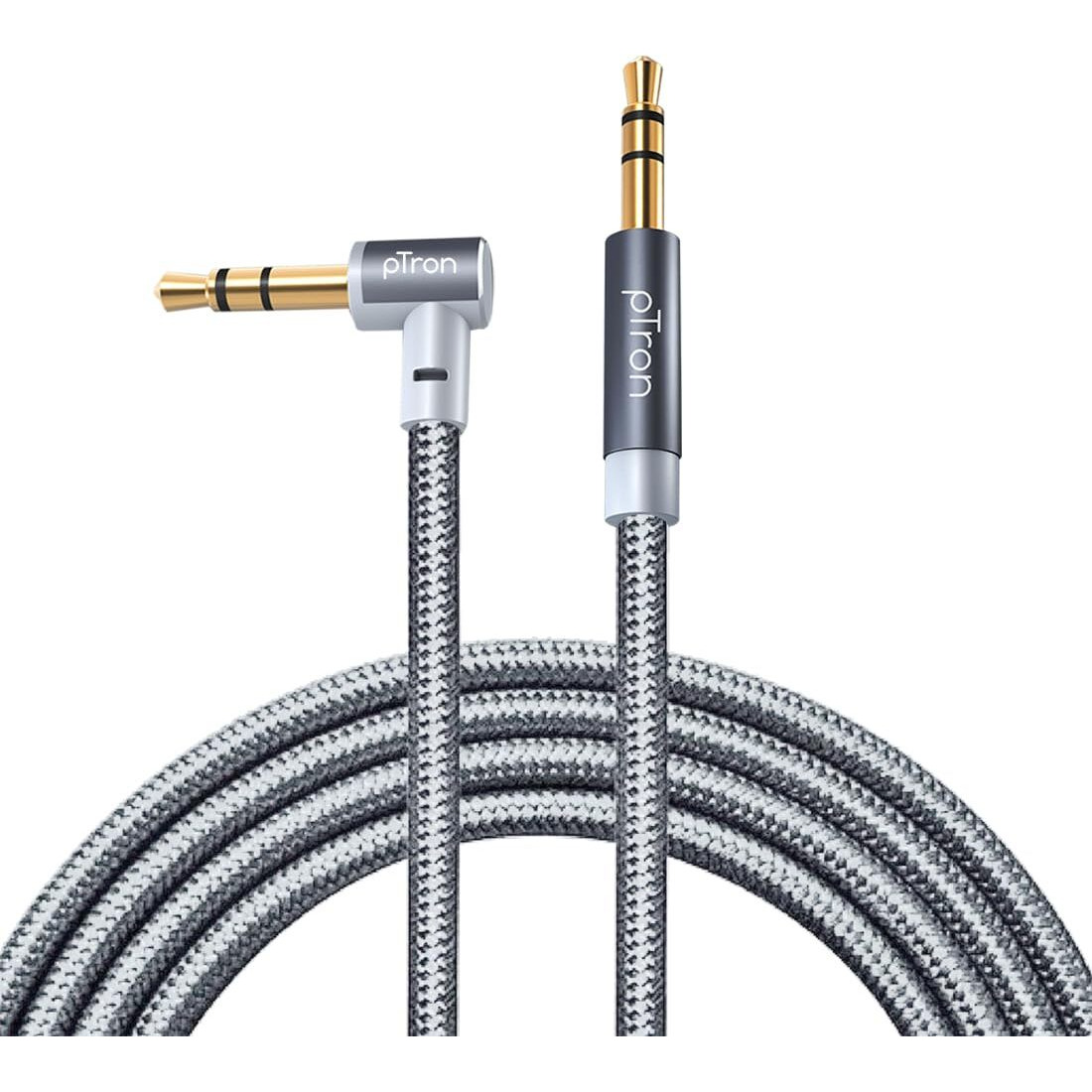 pTron 3.5mm Male to Male Stereo Aux Cable, compatible with Smartphones/Tablets, 90 Degree Gold-plated Connectors, Solero A15 Tangle-free Metal Shell Audio Cable (Nylon Braided, 1.5M, Grey)