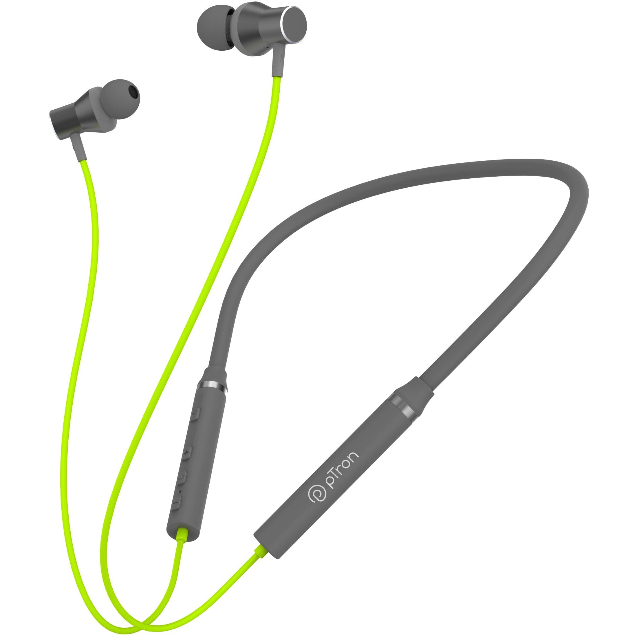 pTron Tangentbeat in-Ear Bluetooth 5.0 Wireless Headphones, Deep Bass, 18H Playtime, Clear Calls, Dual Device Pairing Wireless Neckband, Fast Charging, Voice Assistant & IPX4 (Green/Grey)