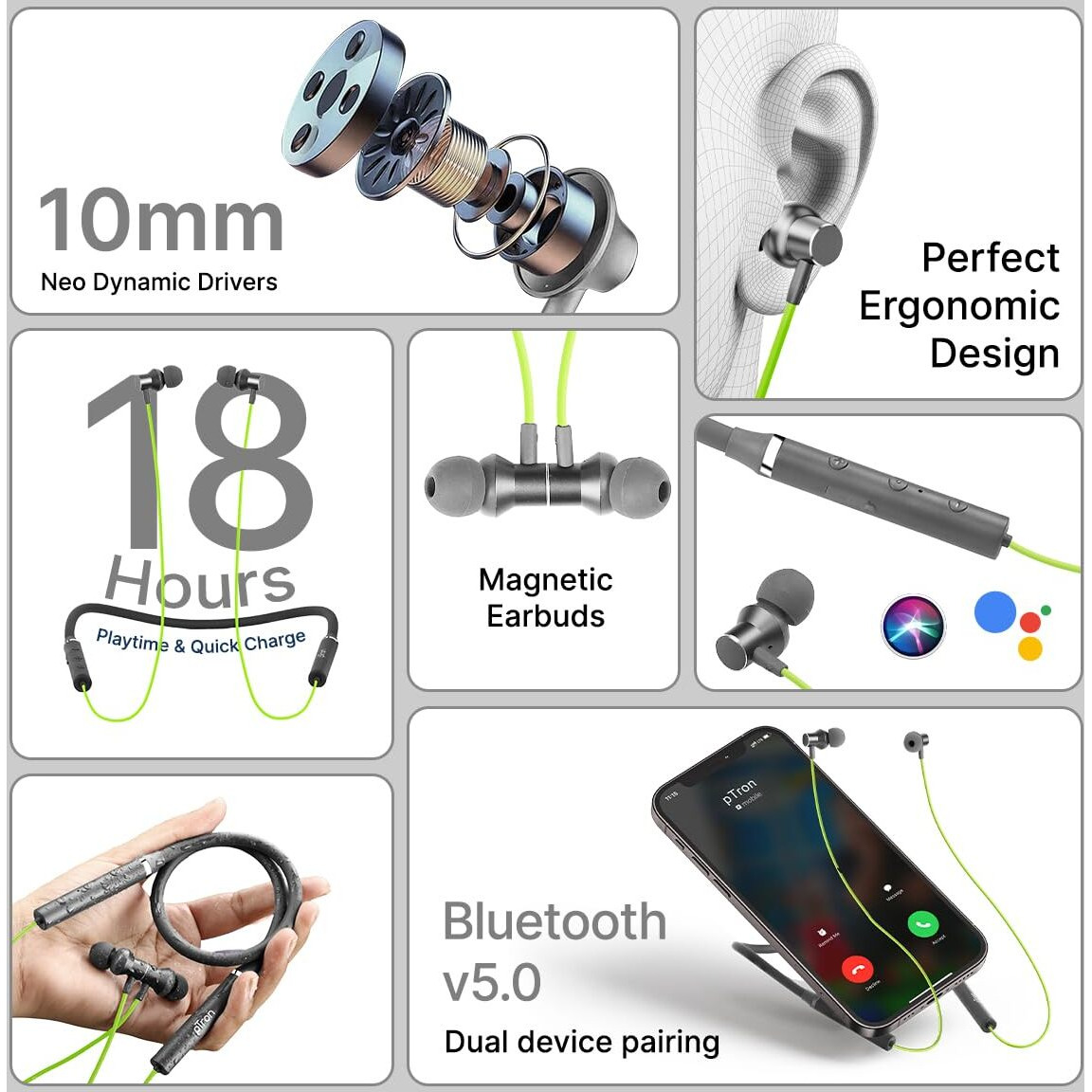 pTron Tangentbeat in-Ear Bluetooth 5.0 Wireless Headphones, Deep Bass, 18H Playtime, Clear Calls, Dual Device Pairing Wireless Neckband, Fast Charging, Voice Assistant & IPX4 (Green/Grey)