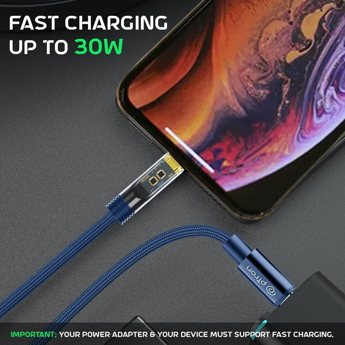 pTron Solero 30W Type-C to 8 Pin iOS Device Fast Charging Cable, Compatible with Iphone 14, 14 Pro, 14 Pro Max, 14 Plus, 13, 13 Pro, 13 Pro Max, 13 Mini,12,12 Pro, Unbreakable Nylon Braid (1M, Blue)