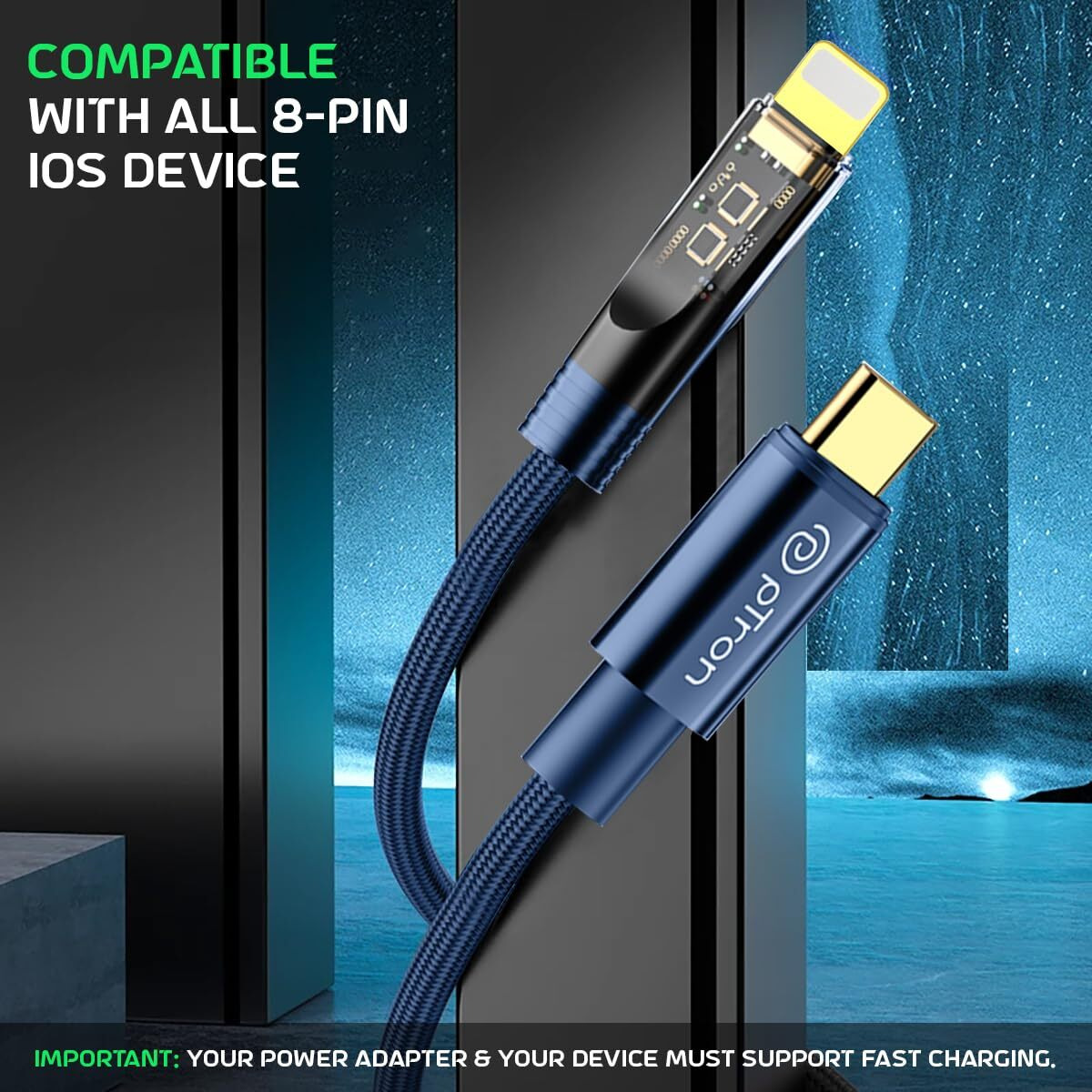 pTron Solero 30W Type-C to 8 Pin iOS Device Fast Charging Cable, Compatible with Iphone 14, 14 Pro, 14 Pro Max, 14 Plus, 13, 13 Pro, 13 Pro Max, 13 Mini,12,12 Pro, Unbreakable Nylon Braid (1M, Blue)