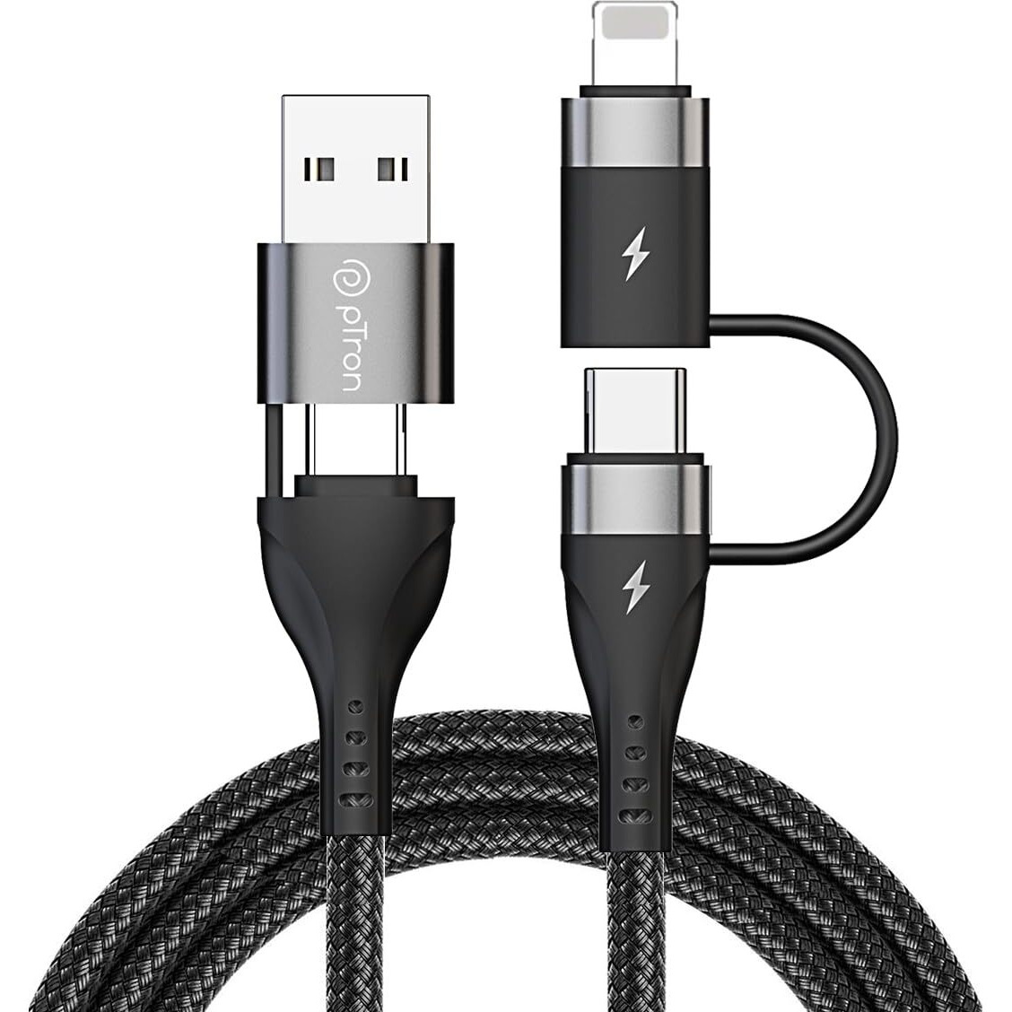 pTron Solero 4 in 1 Fast Charging USB Cable, Compatible with Oppo/Samsung/Vivo/Realme/iPhones, 65W Type C to Type C, 60W USB to Type C, 30W Type C to 8 Pin iOS, 15W USB to iOS, Nylon Braided(1M Black)
